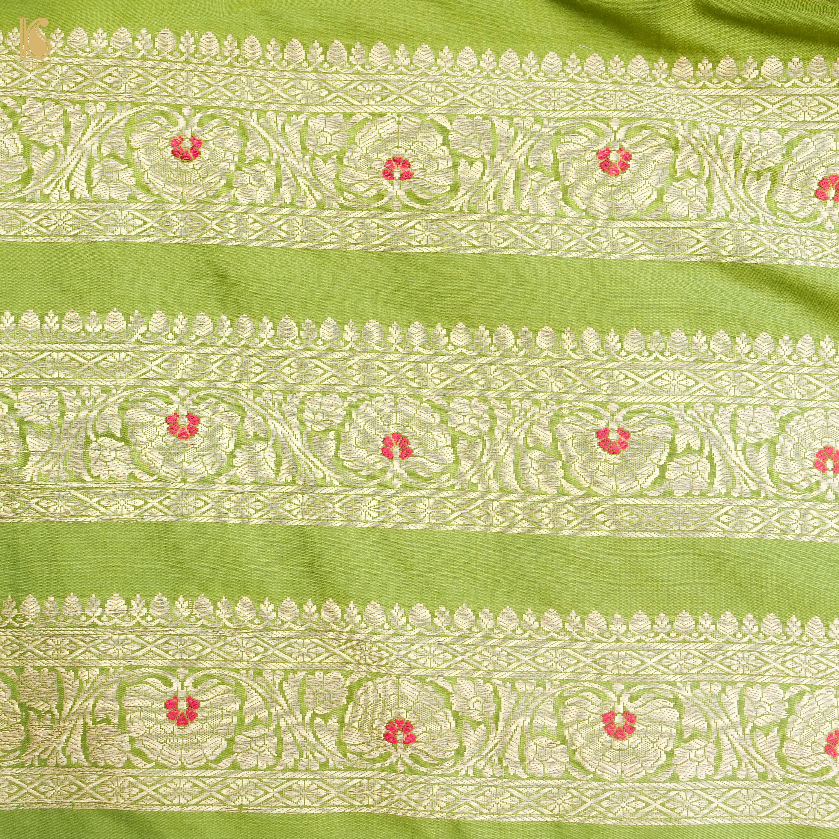 Olive Green Pure Katan Silk Handloom Banarasi Kalidar Lehenga - Khinkhwab