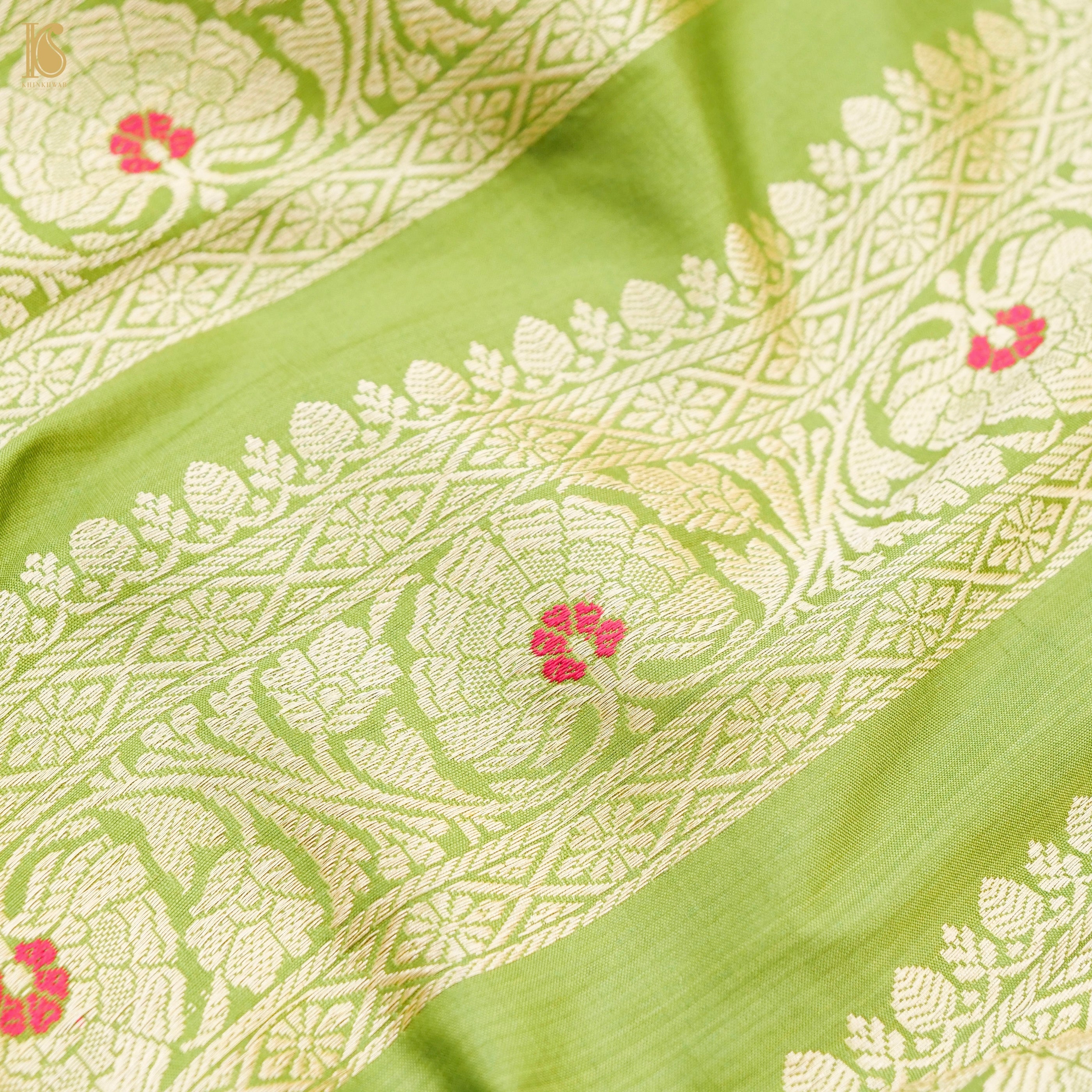 Olive Green Pure Katan Silk Handloom Banarasi Kalidar Lehenga - Khinkhwab
