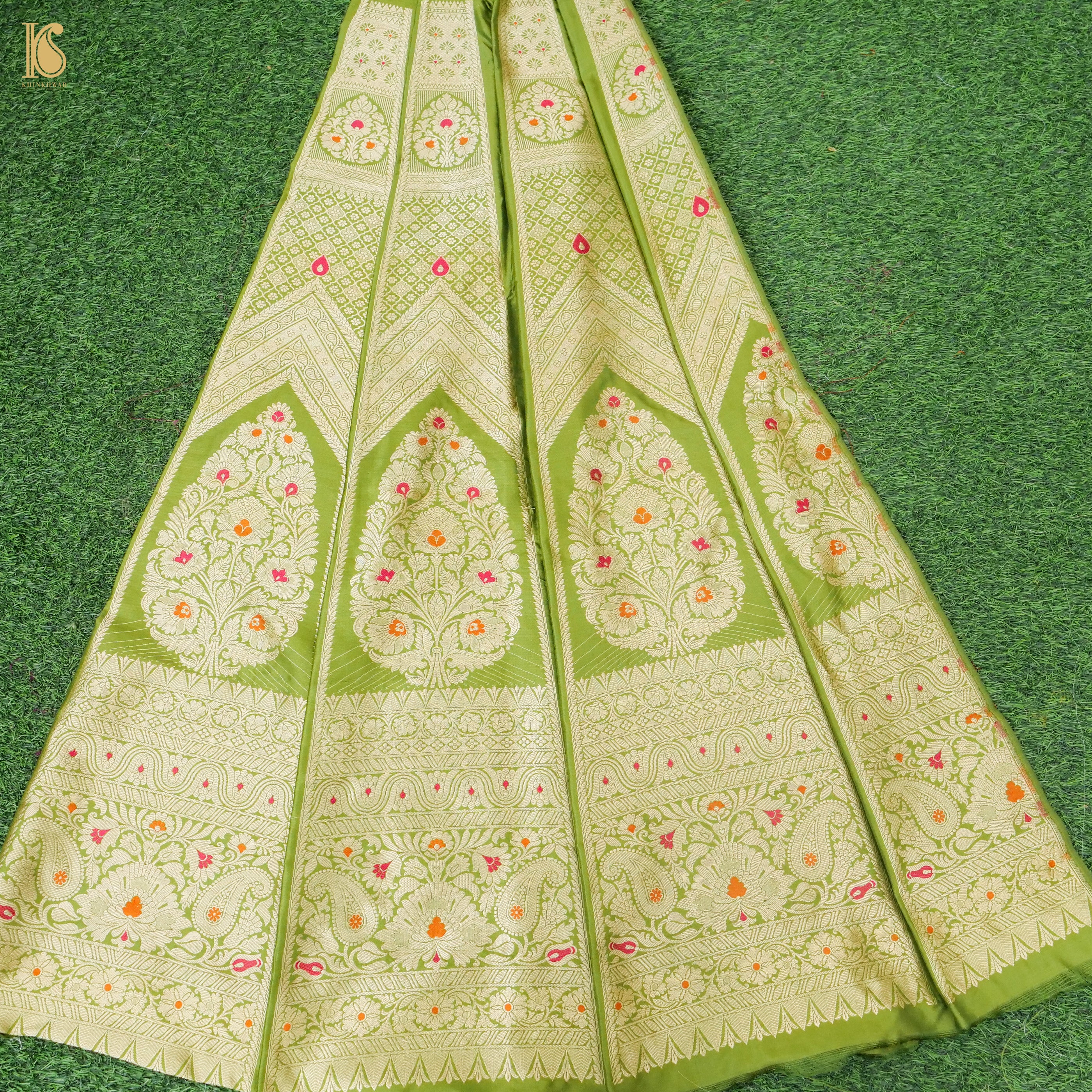 Olive Green Pure Katan Silk Handloom Banarasi Kalidar Lehenga - Khinkhwab