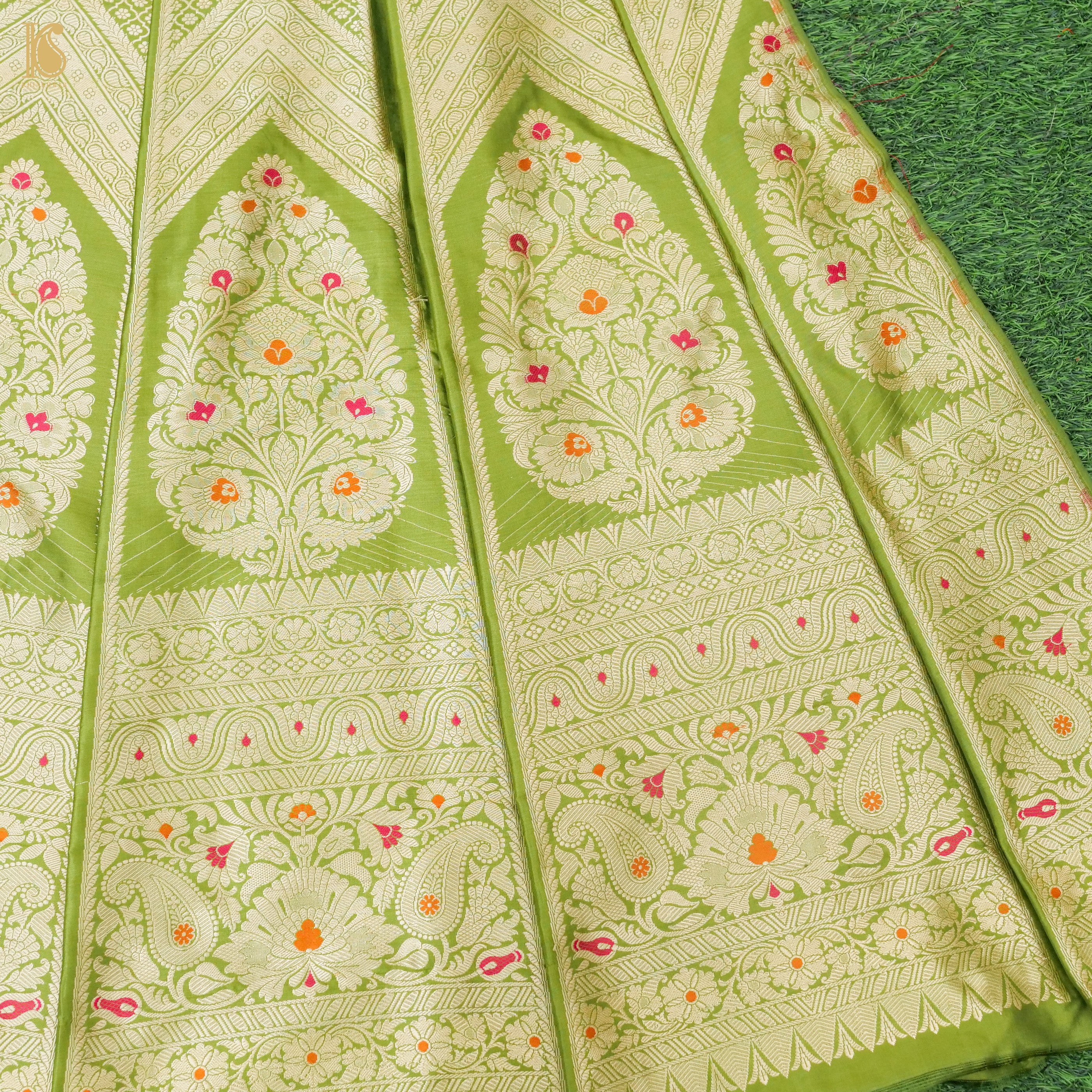 Olive Green Pure Katan Silk Handloom Banarasi Kalidar Lehenga - Khinkhwab