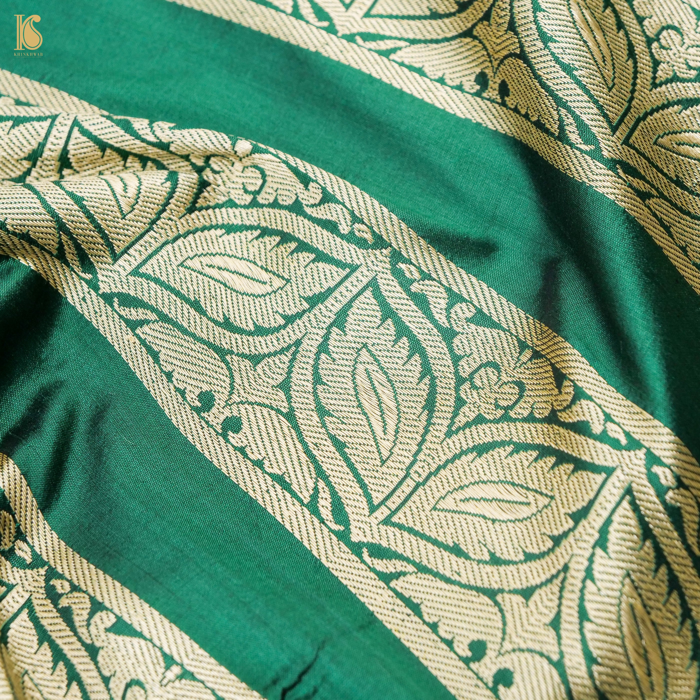 Green Pure Katan Silk Handloom Banarasi Kalidar Crane Lehenga - Khinkhwab