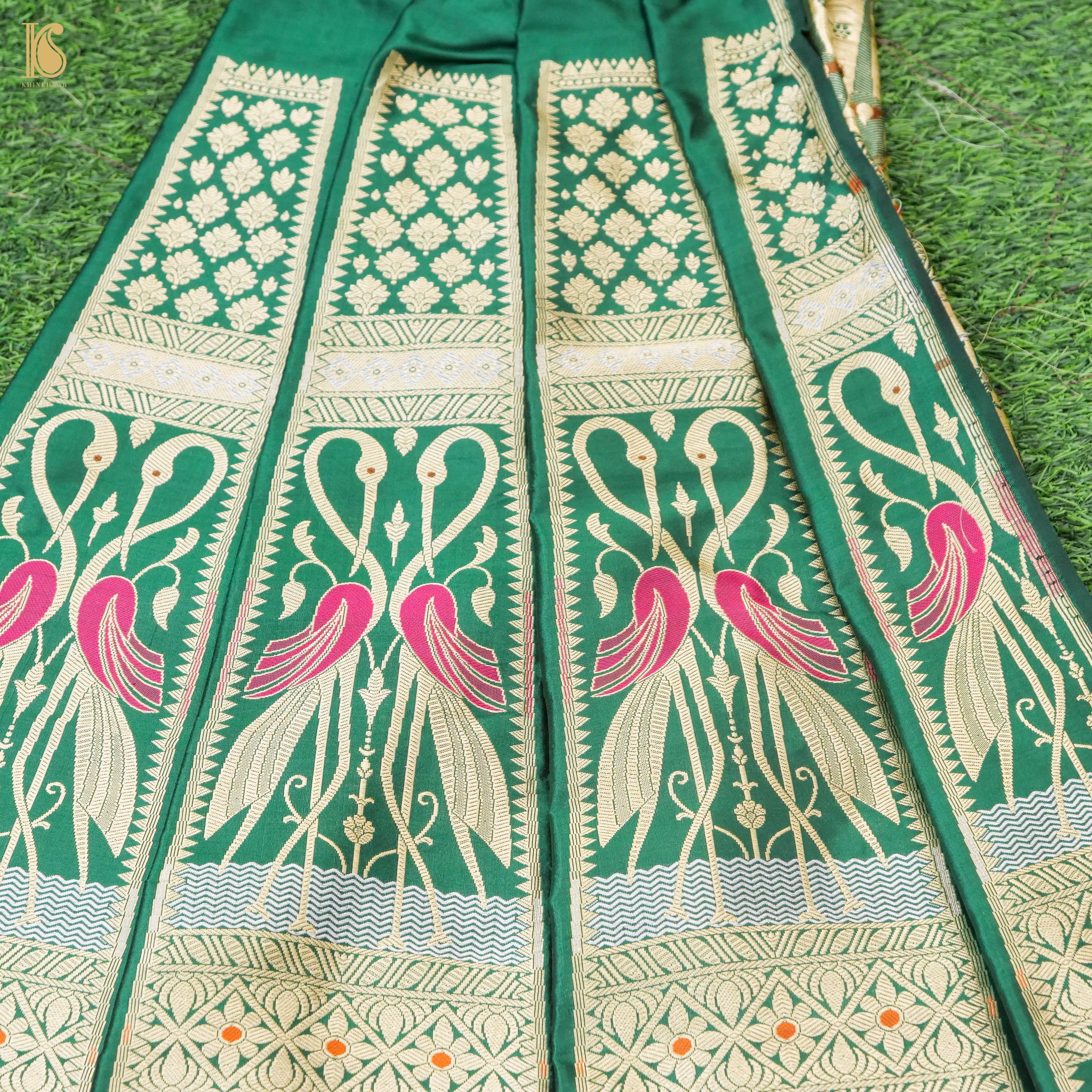 Green Pure Katan Silk Handloom Banarasi Kalidar Crane Lehenga - Khinkhwab