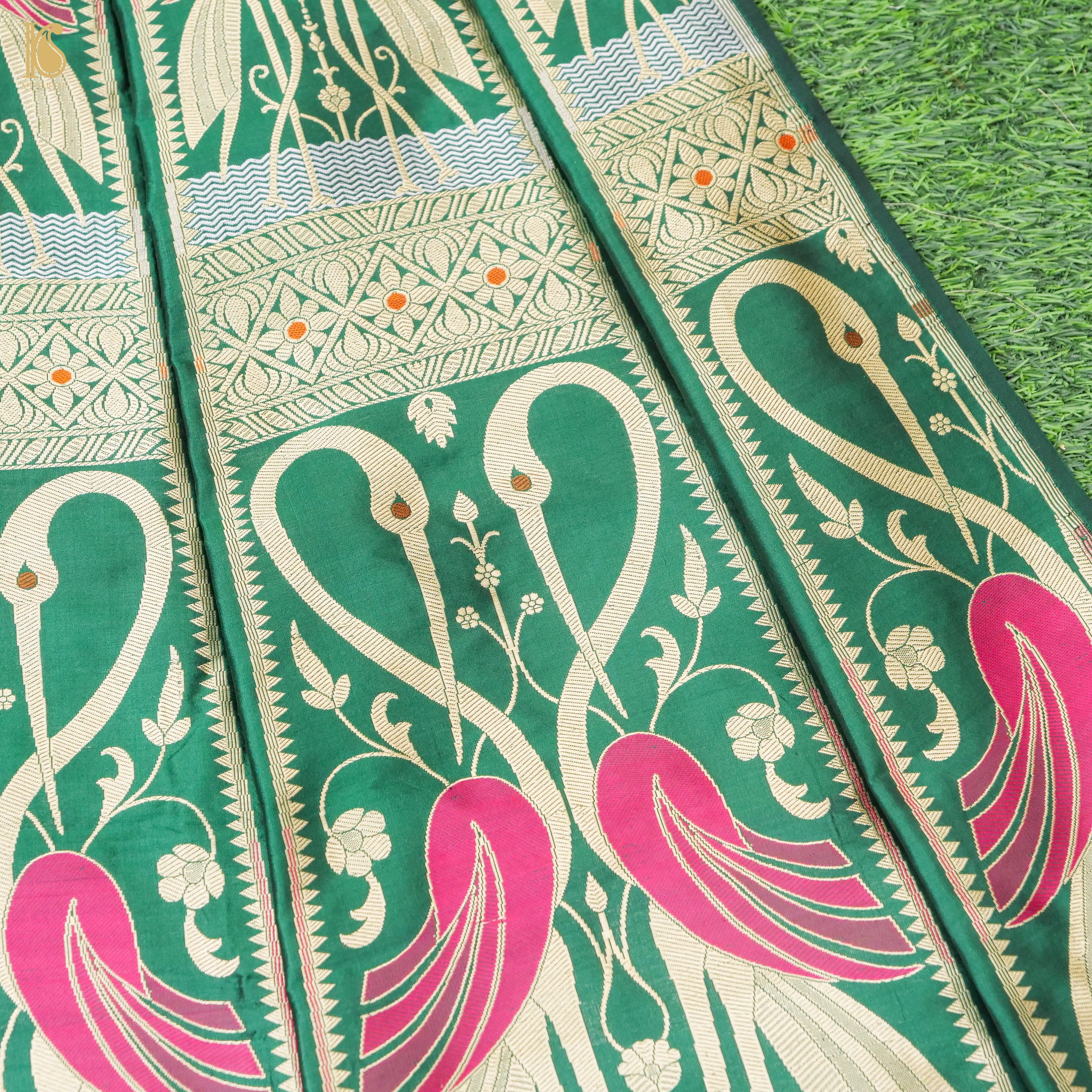 Green Pure Katan Silk Handloom Banarasi Kalidar Crane Lehenga - Khinkhwab