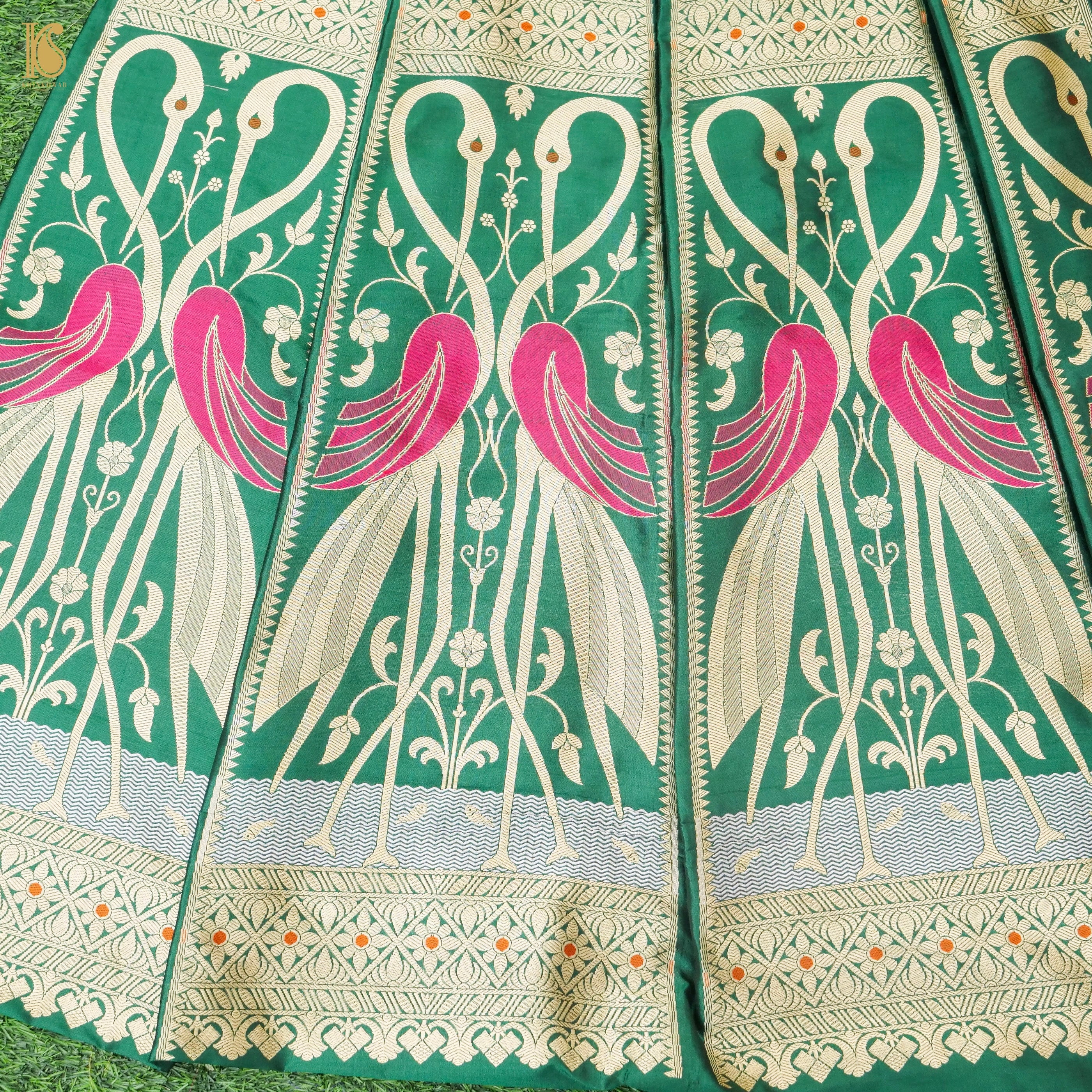 Green Pure Katan Silk Handloom Banarasi Kalidar Crane Lehenga - Khinkhwab