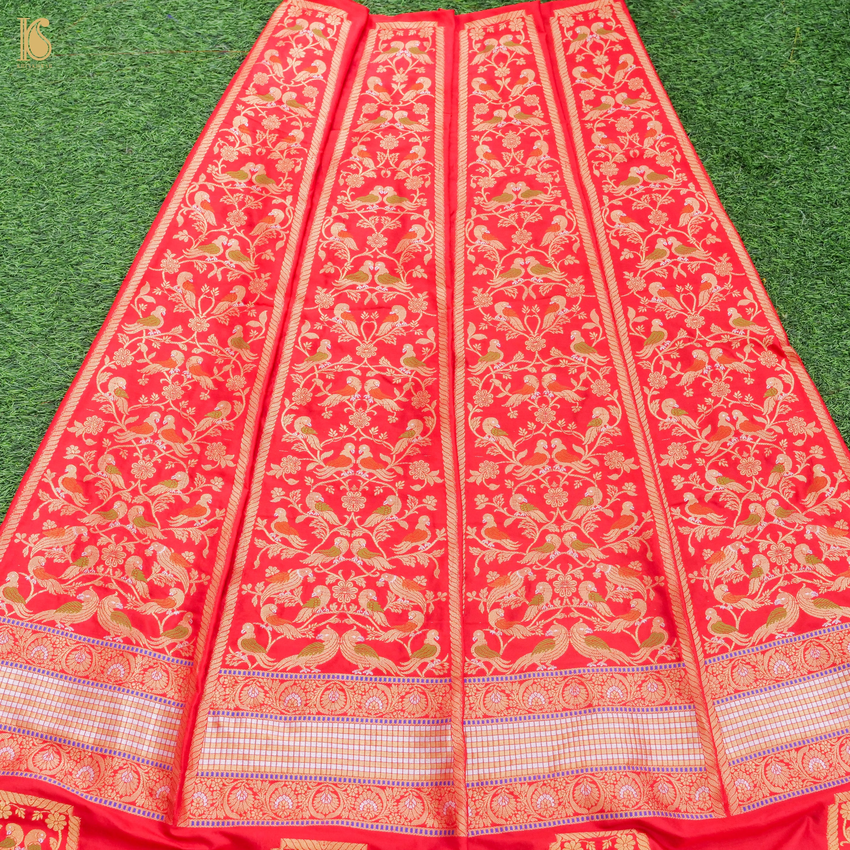Red Pure Katan Silk Handloom Banarasi Kalidar Shikargah Lehenga - Khinkhwab