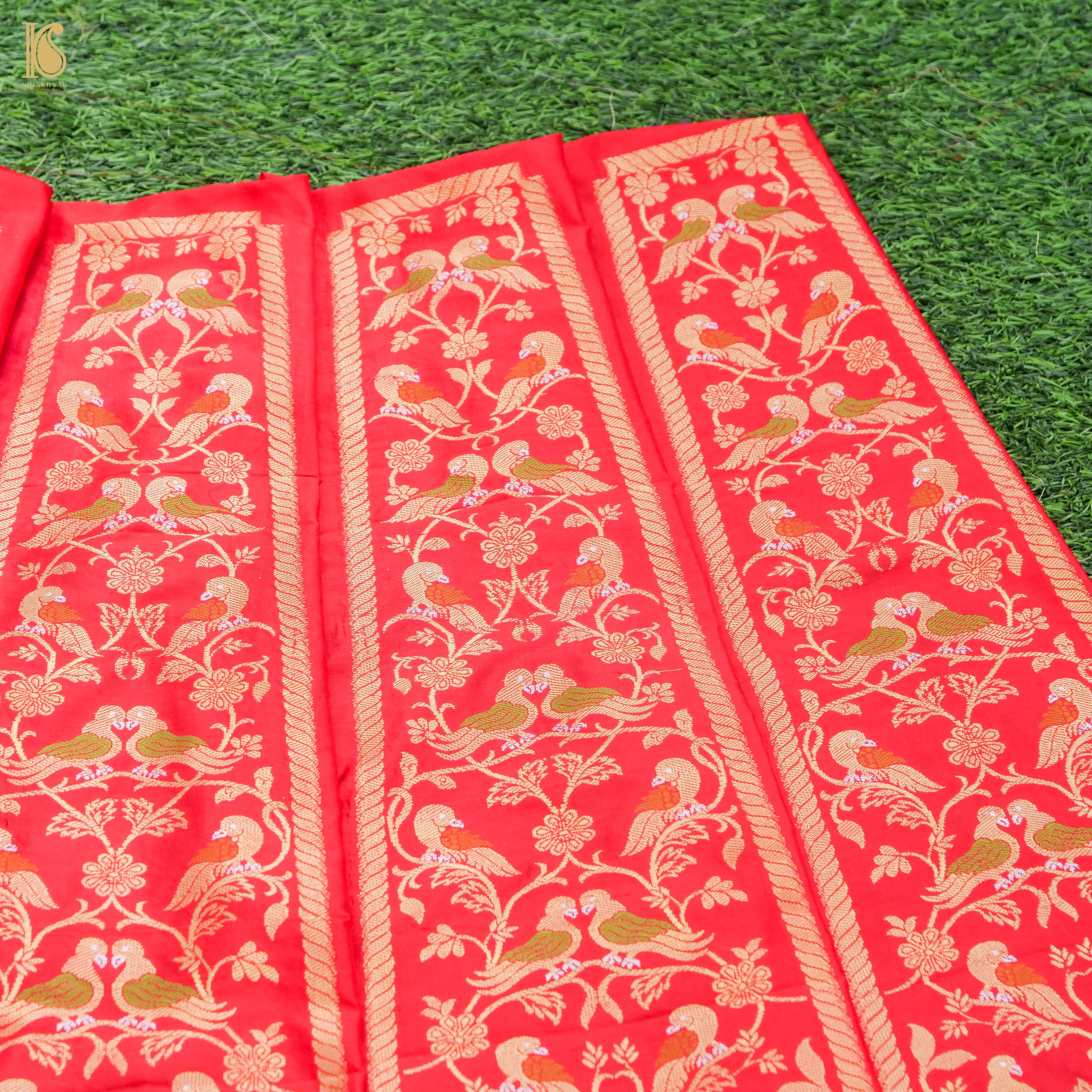 Red Pure Katan Silk Handloom Banarasi Kalidar Shikargah Lehenga - Khinkhwab