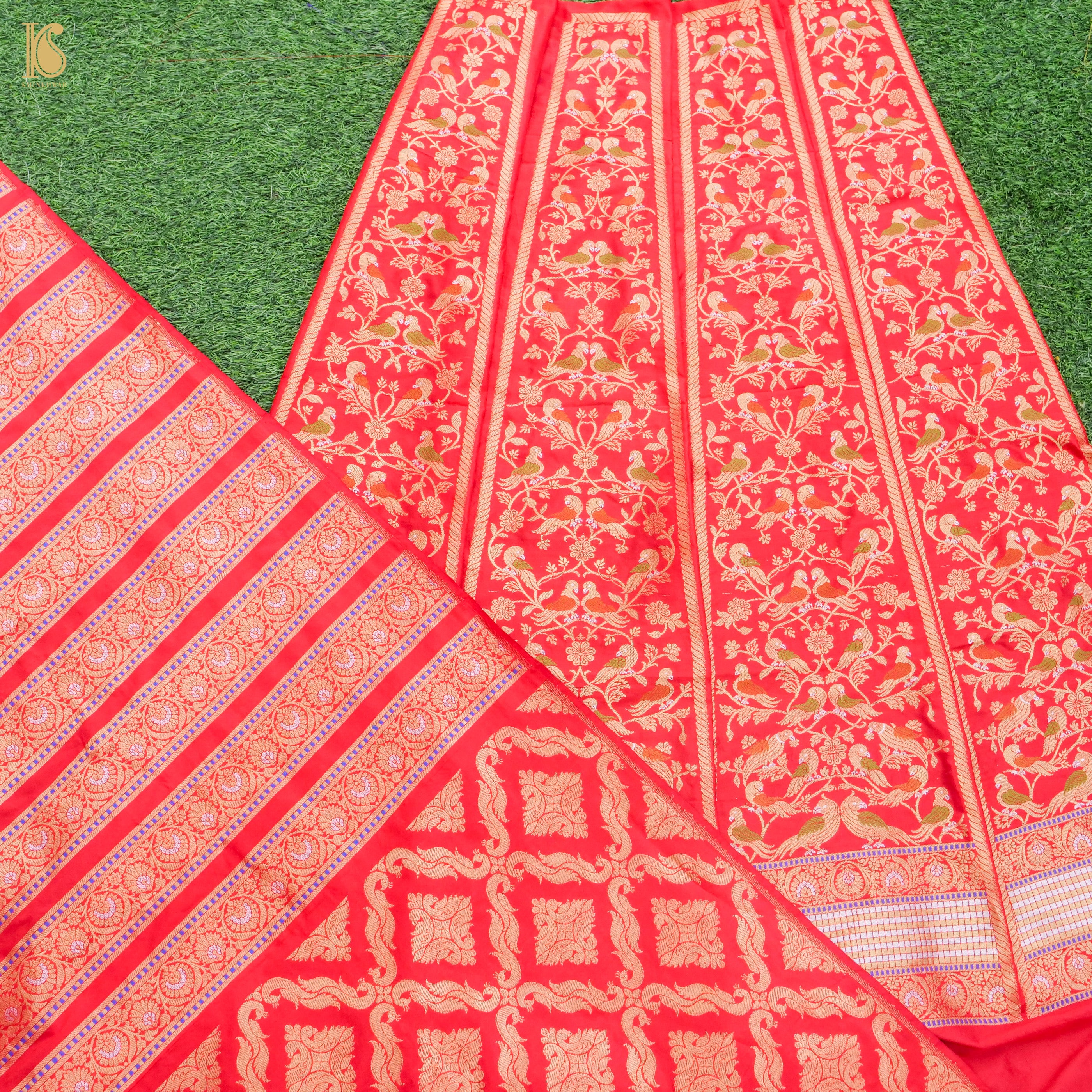 Red Pure Katan Silk Handloom Banarasi Kalidar Shikargah Lehenga - Khinkhwab