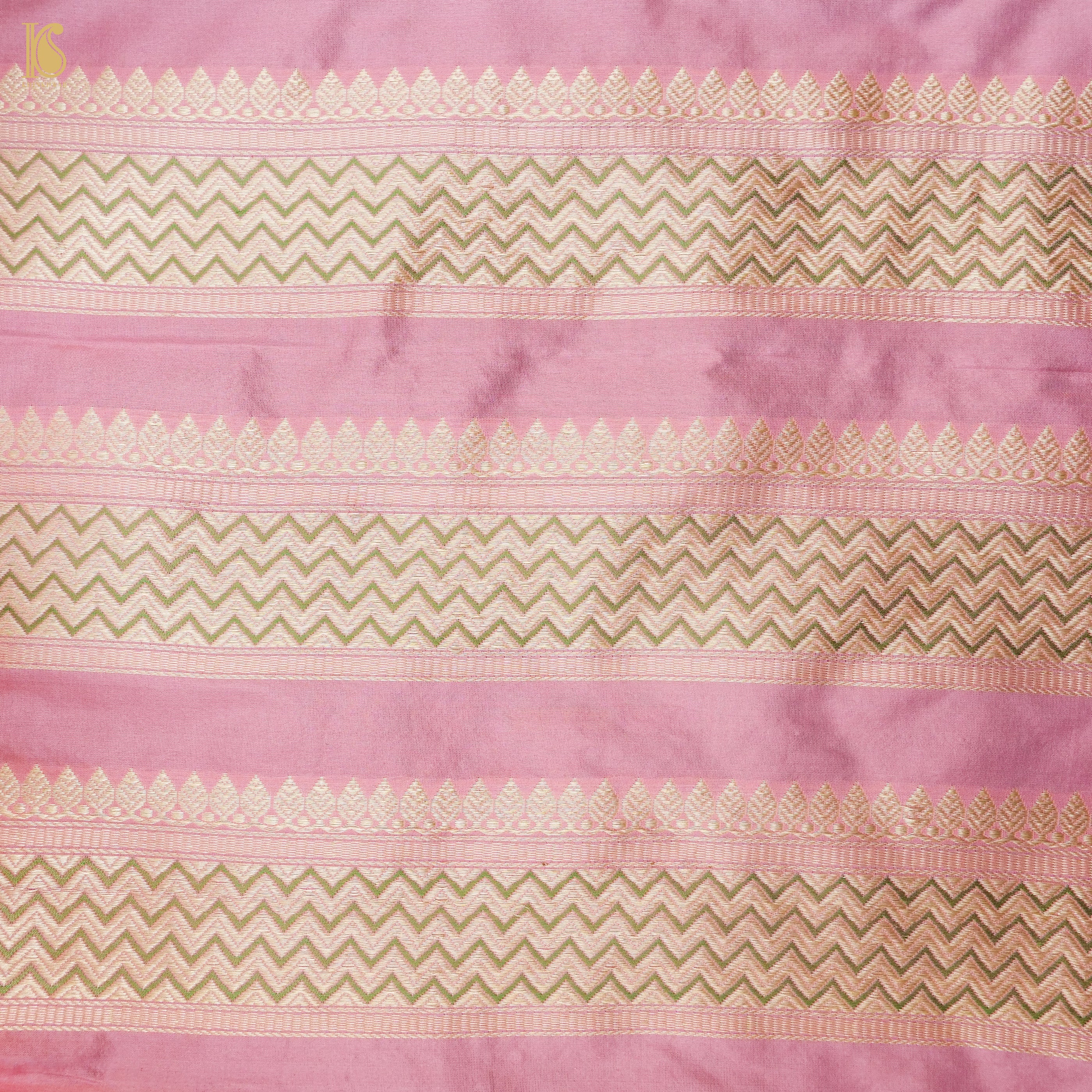 Blossom Pink Pure Katan Silk Handloom Banarasi Kalidar Chevron Lehenga - Khinkhwab