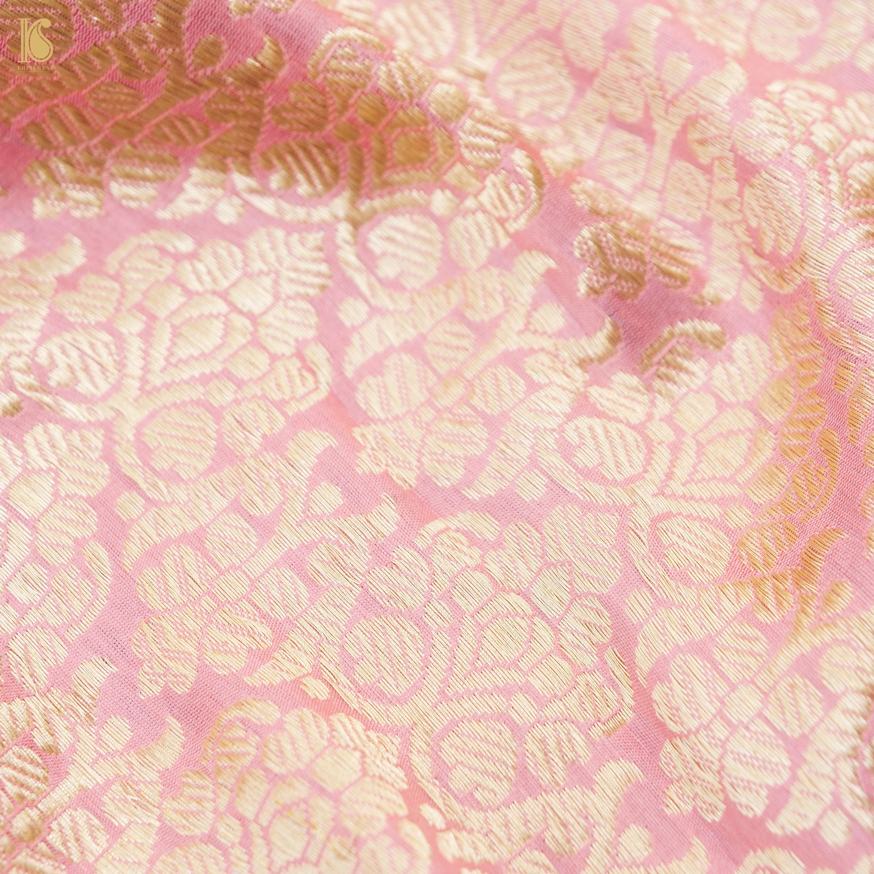Blossom Pink Pure Katan Silk Handloom Banarasi Kalidar Chevron Lehenga - Khinkhwab