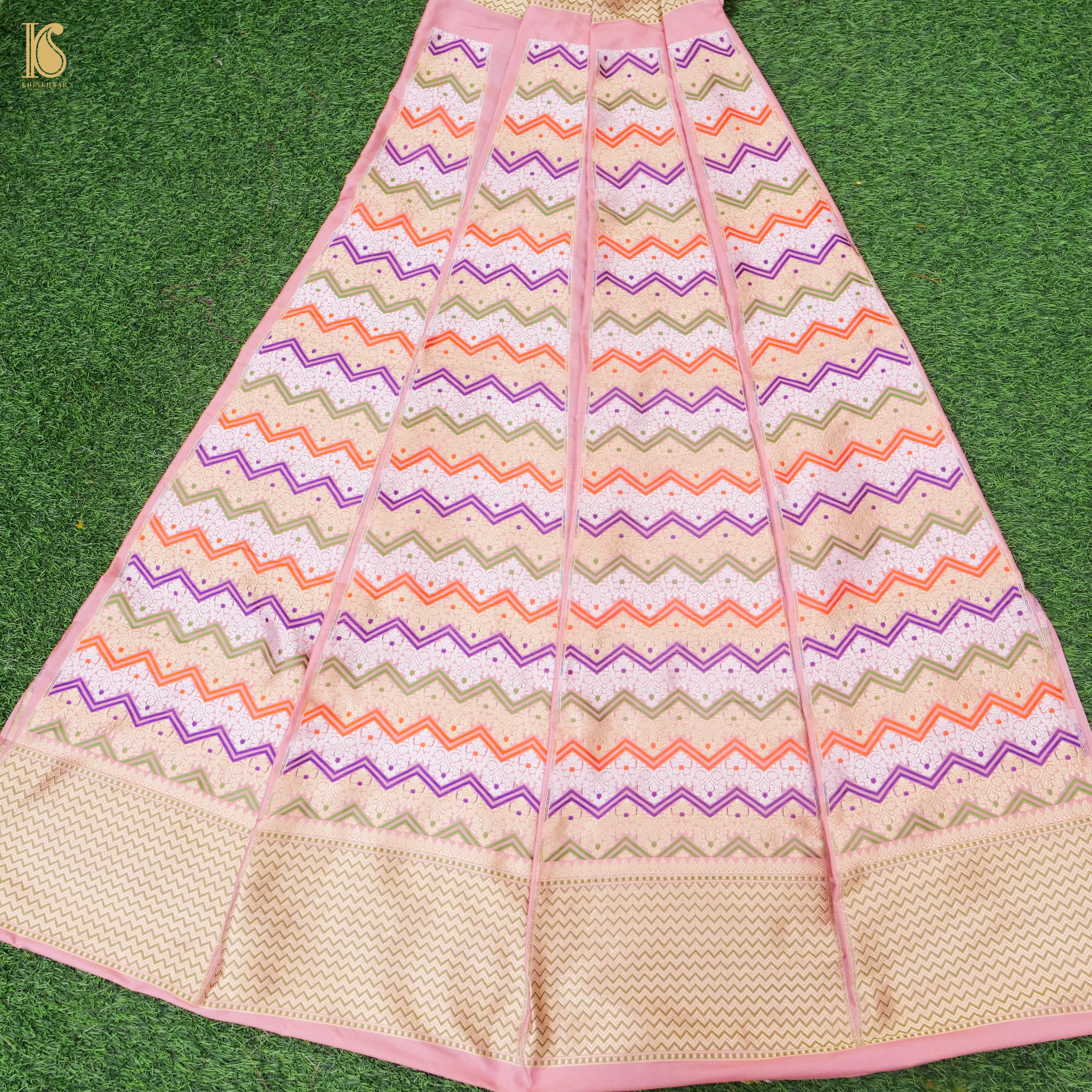 Blossom Pink Pure Katan Silk Handloom Banarasi Kalidar Chevron Lehenga - Khinkhwab