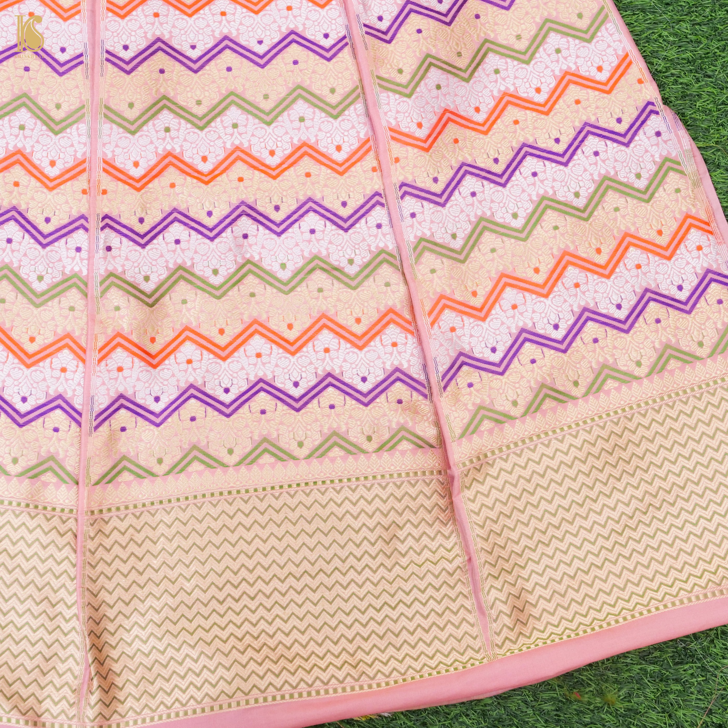Blossom Pink Pure Katan Silk Handloom Banarasi Kalidar Chevron Lehenga - Khinkhwab