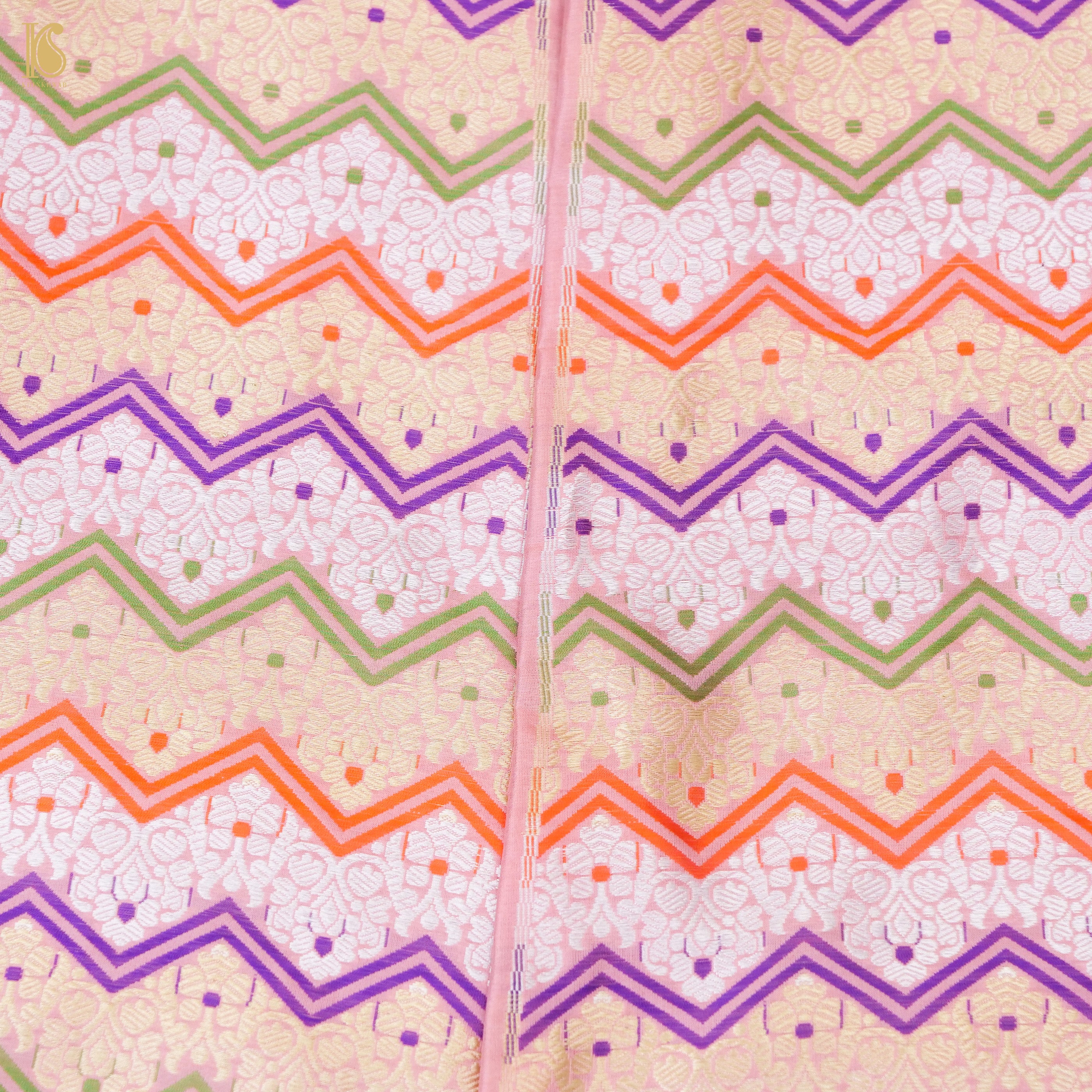Blossom Pink Pure Katan Silk Handloom Banarasi Kalidar Chevron Lehenga - Khinkhwab