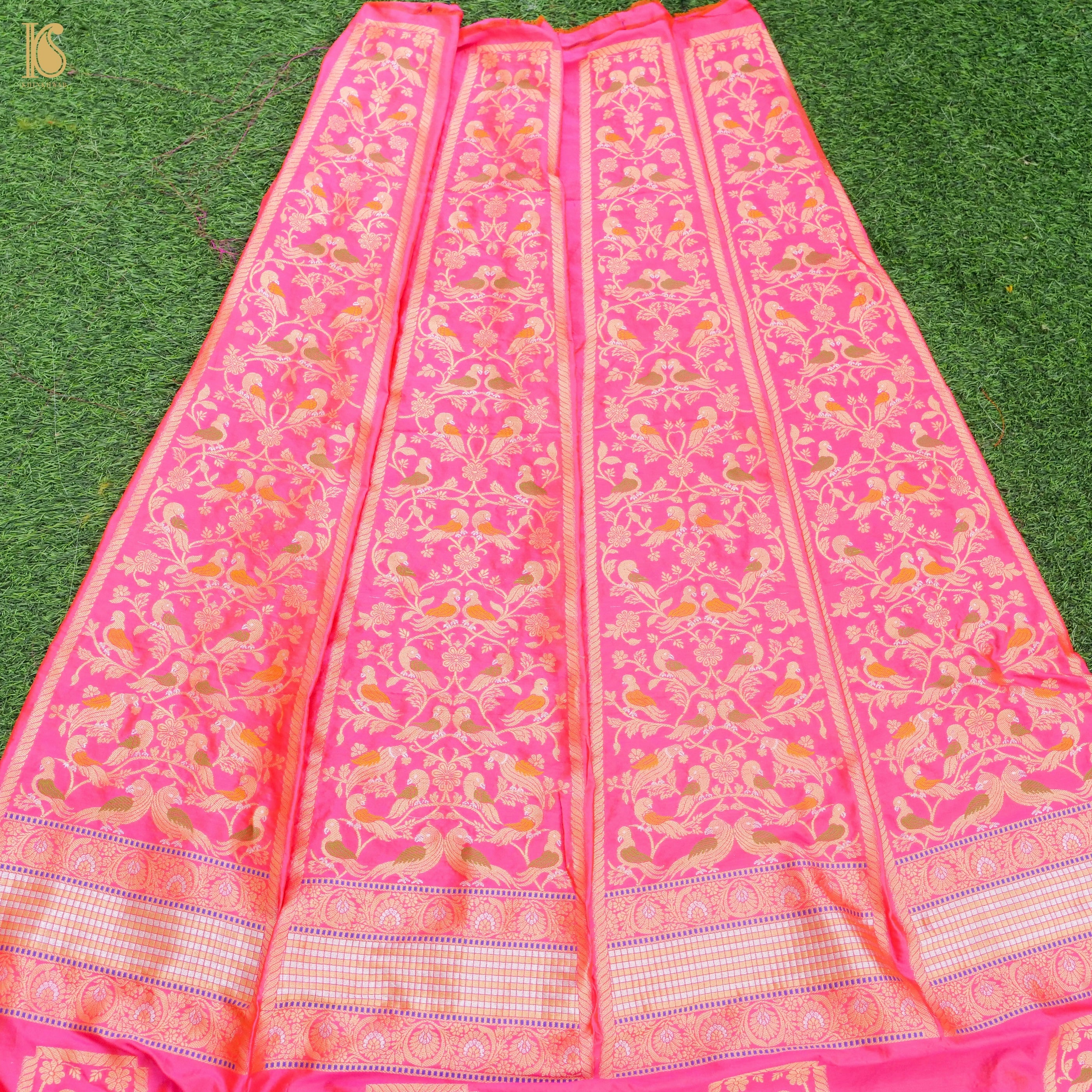 Rose Pink Pure Katan Silk Handloom Banarasi Kalidar Shikargah Lehenga - Khinkhwab