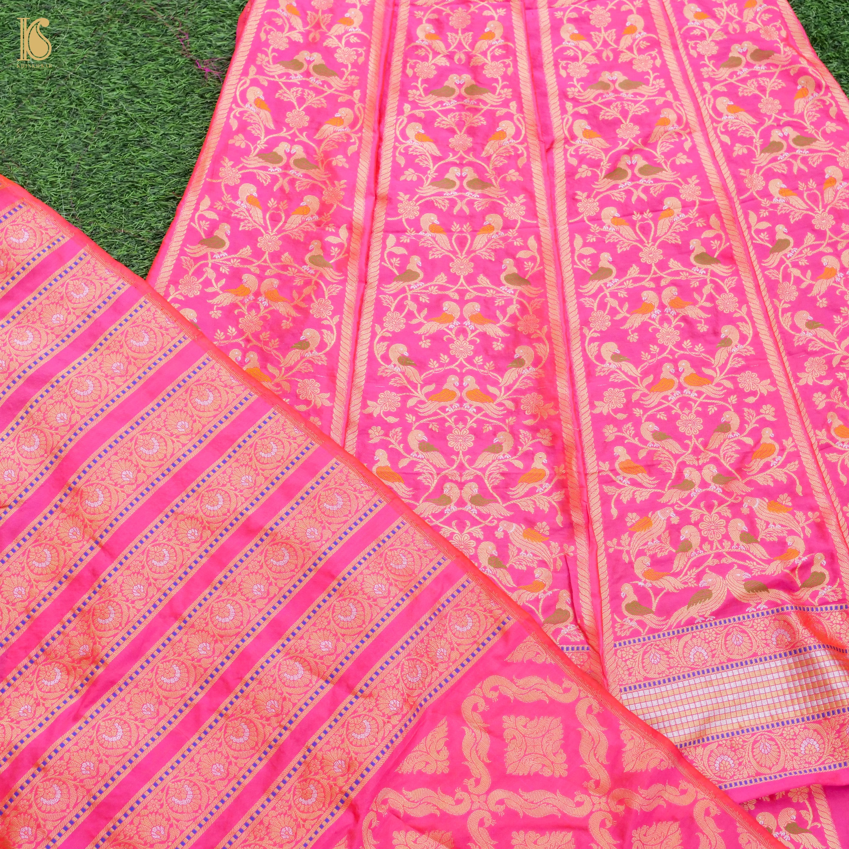 Rose Pink Pure Katan Silk Handloom Banarasi Kalidar Shikargah Lehenga - Khinkhwab