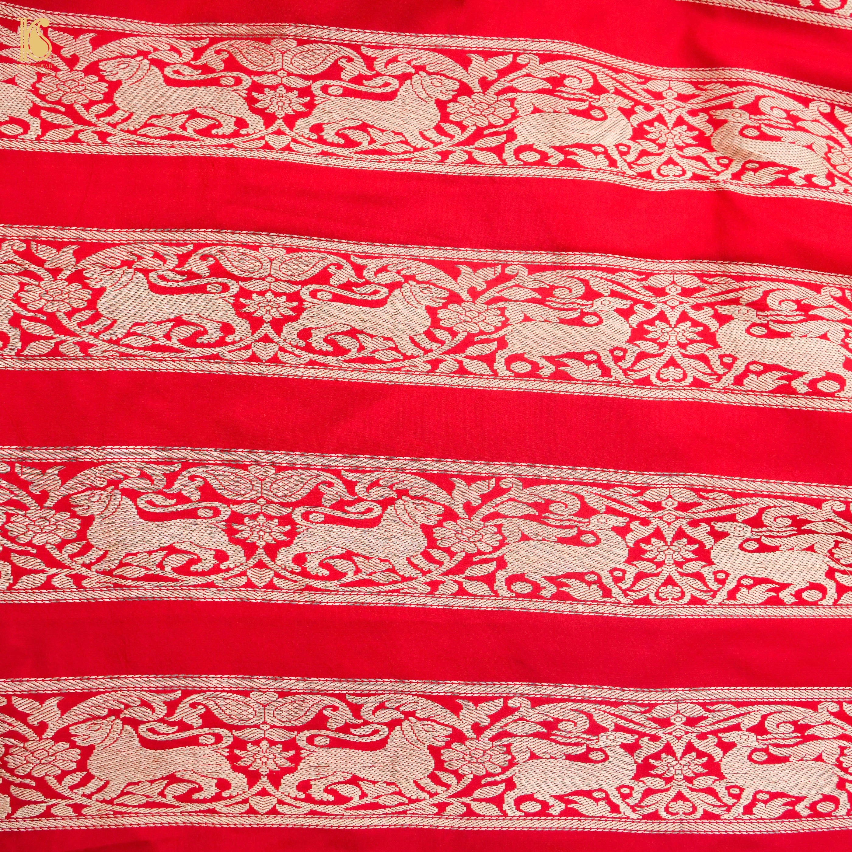 Red Pure Katan Silk Handloom Banarasi Kalidar Shikargah Lehenga - Khinkhwab