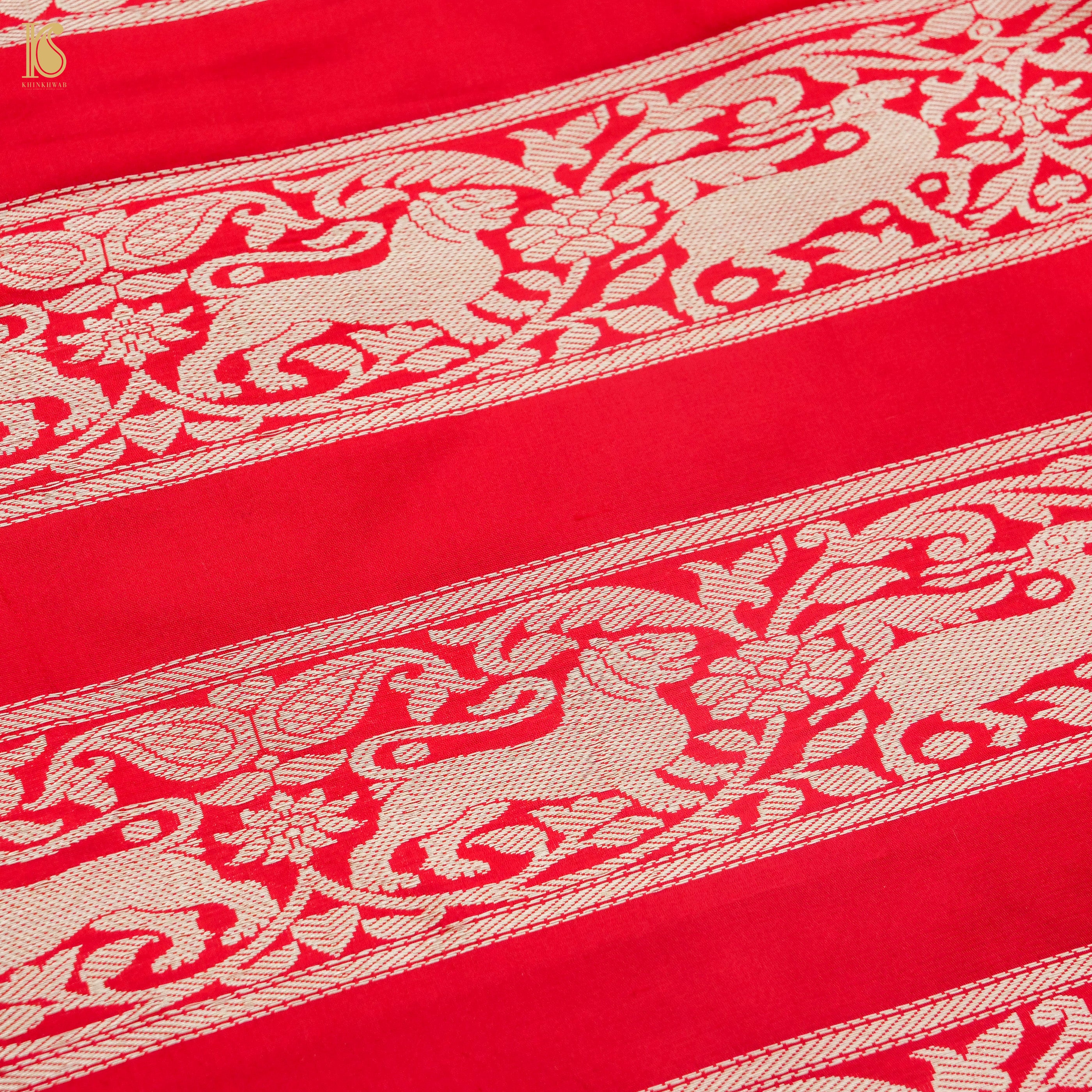 Red Pure Katan Silk Handloom Banarasi Kalidar Shikargah Lehenga - Khinkhwab