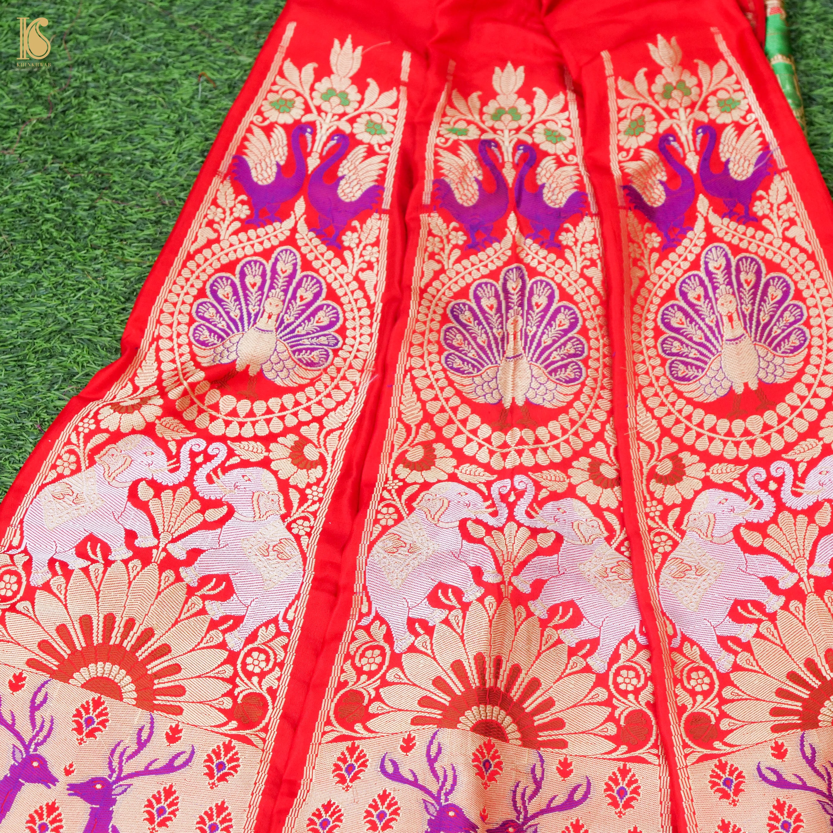 Red Pure Katan Silk Handloom Banarasi Kalidar Shikargah Lehenga - Khinkhwab