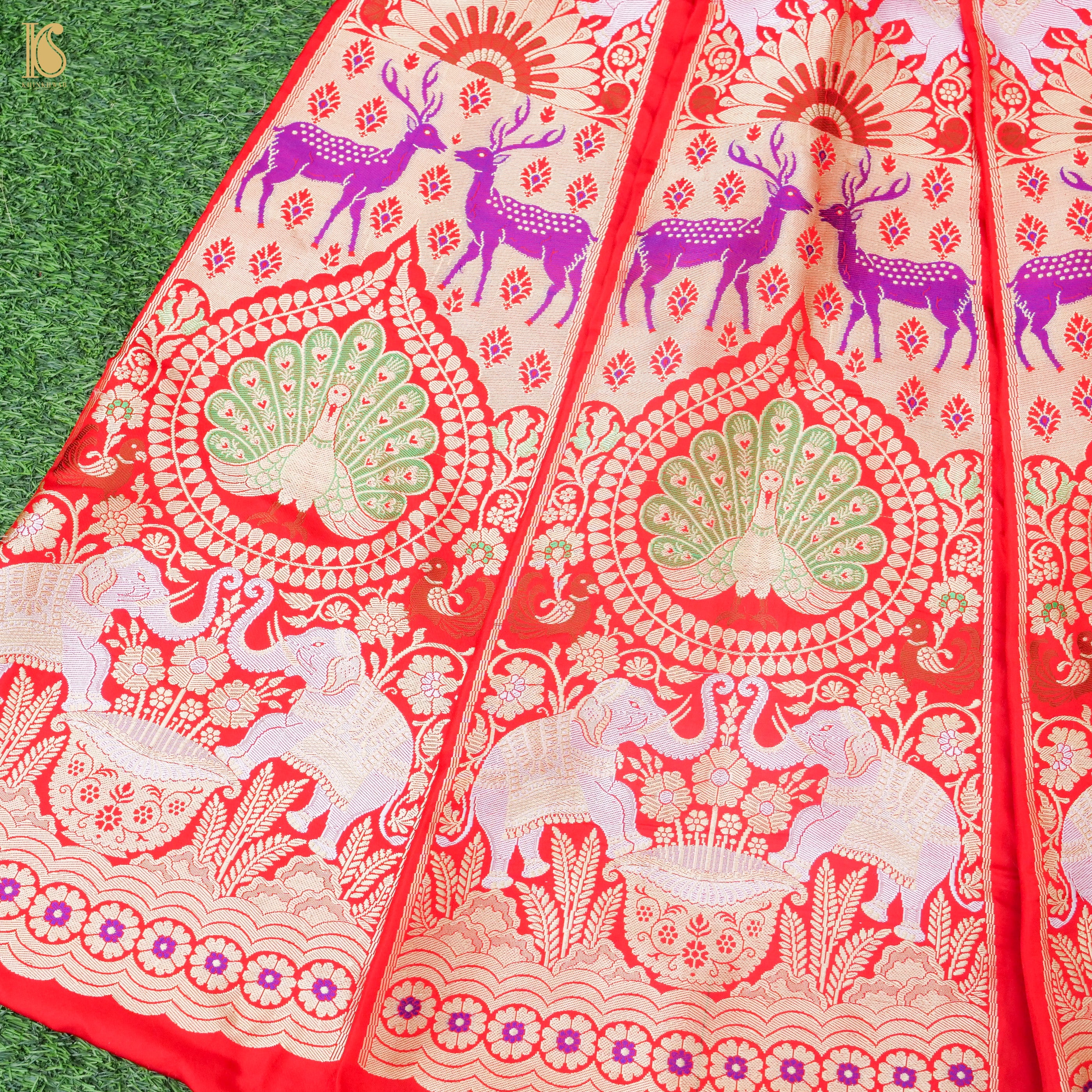 Red Pure Katan Silk Handloom Banarasi Kalidar Shikargah Lehenga - Khinkhwab