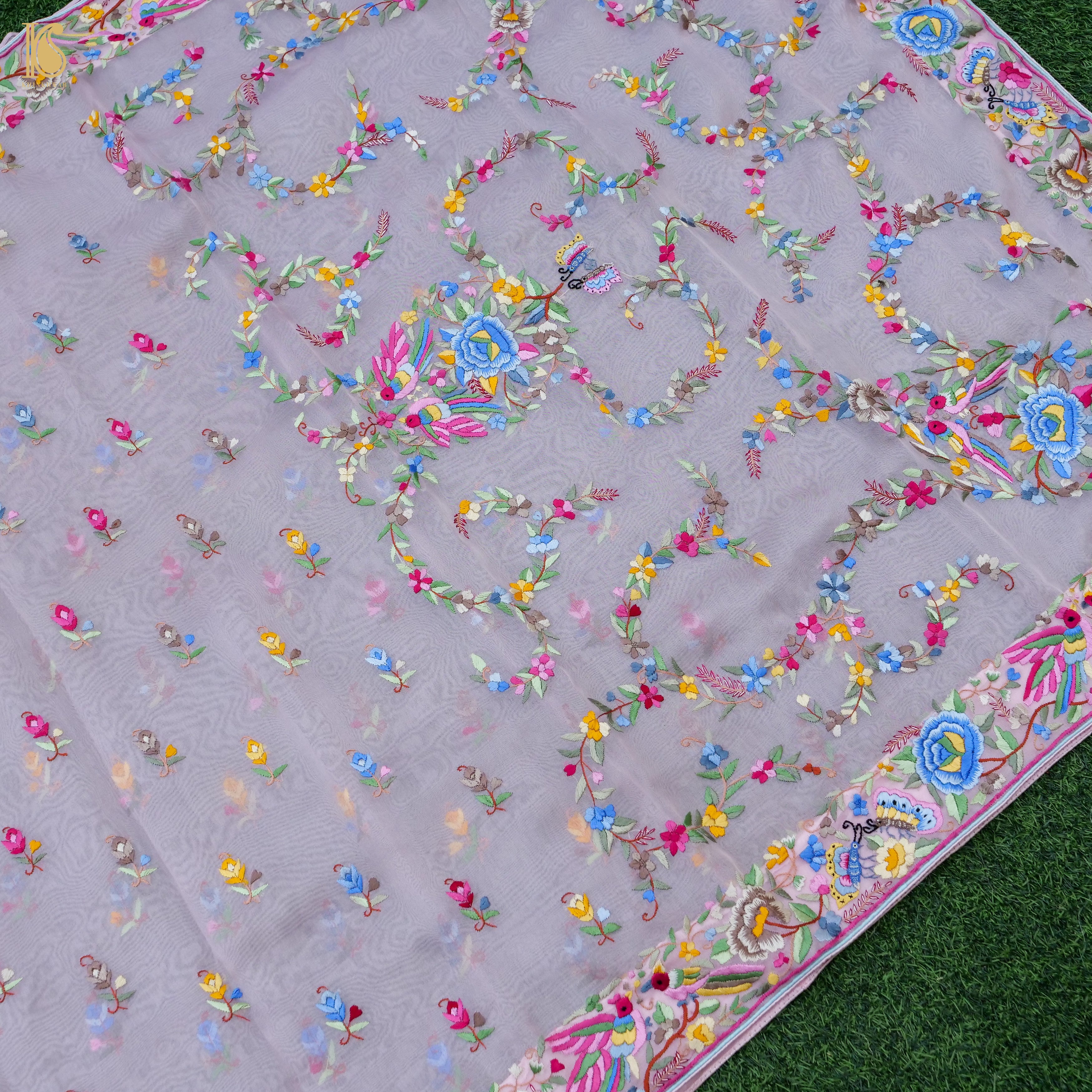 Parsi Gara Pure Organza Pink Saree