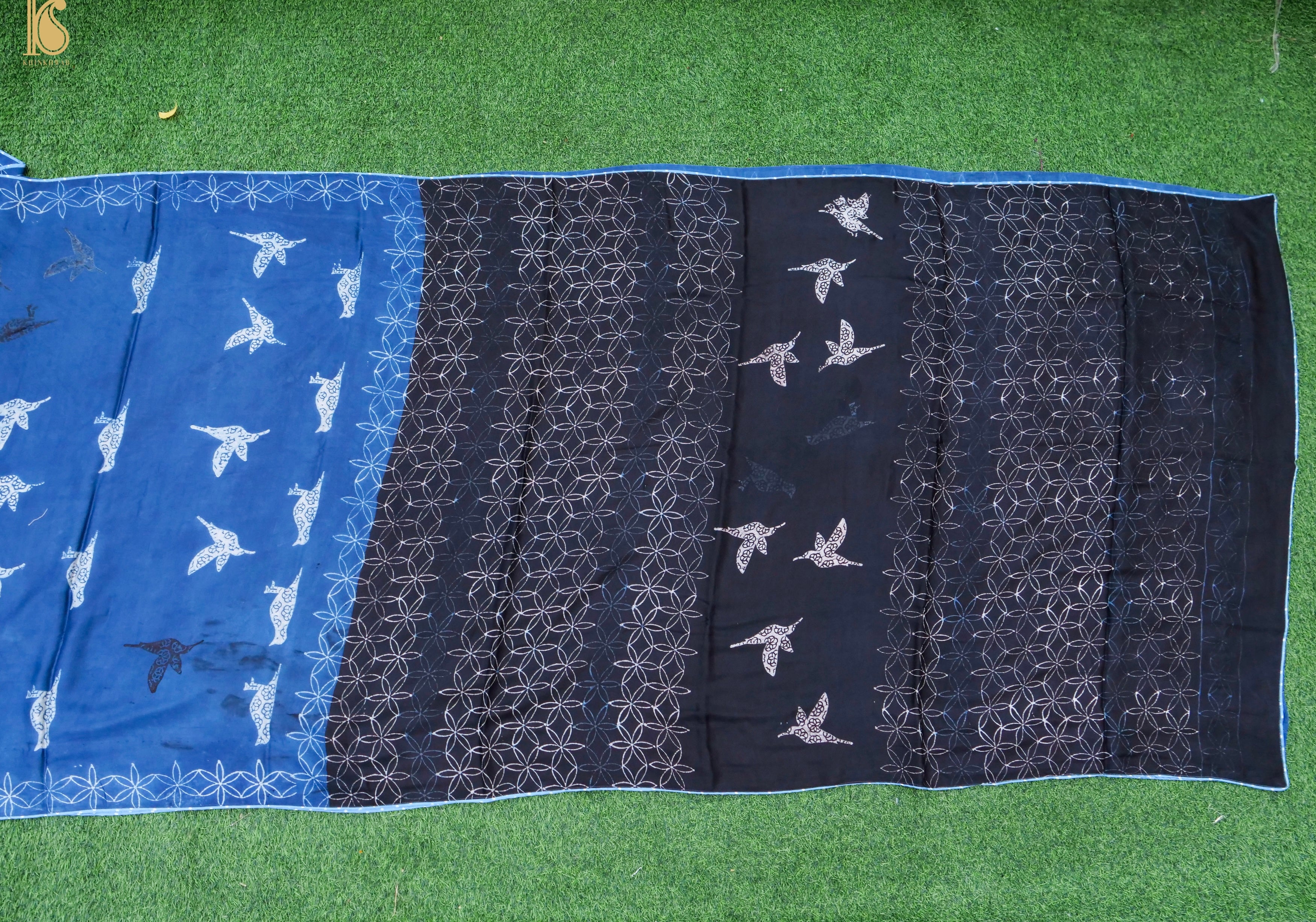 Pakshi - Black & Blue Pure Modal Silk Ajrakh Saree - Khinkhwab