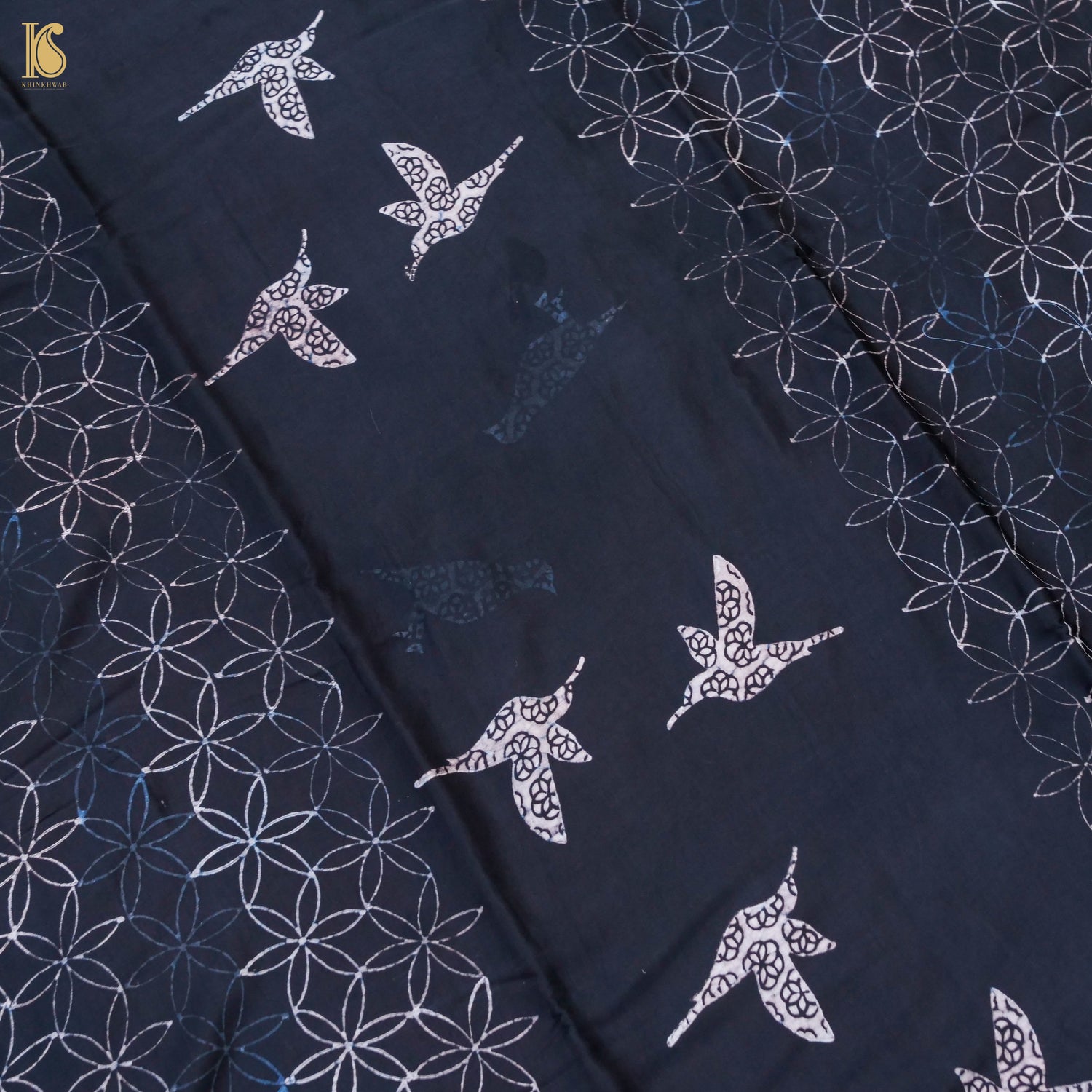 Pakshi - Black & Blue Pure Modal Silk Ajrakh Saree - Khinkhwab