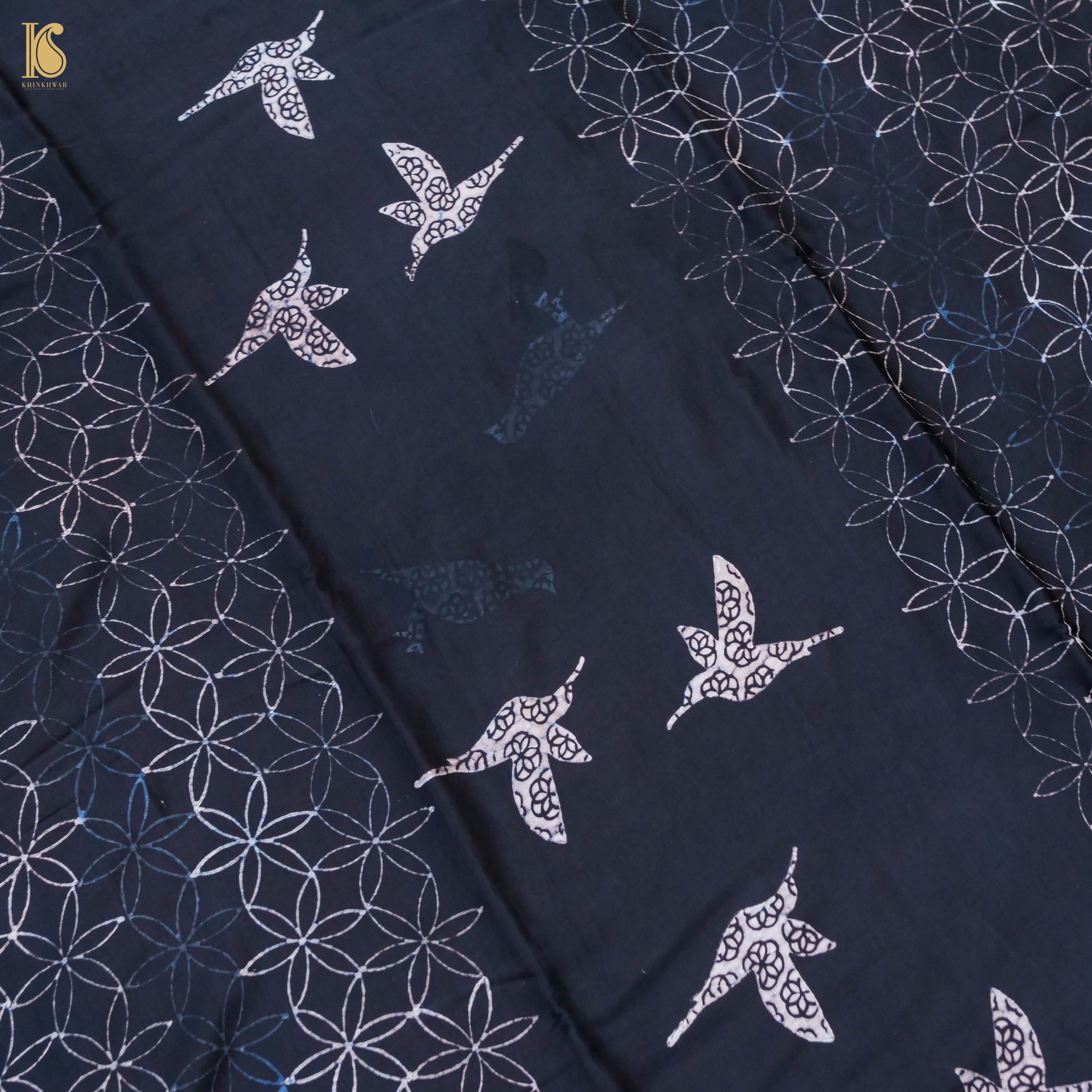 Pakshi - Black & Blue Pure Modal Silk Ajrakh Saree - Khinkhwab