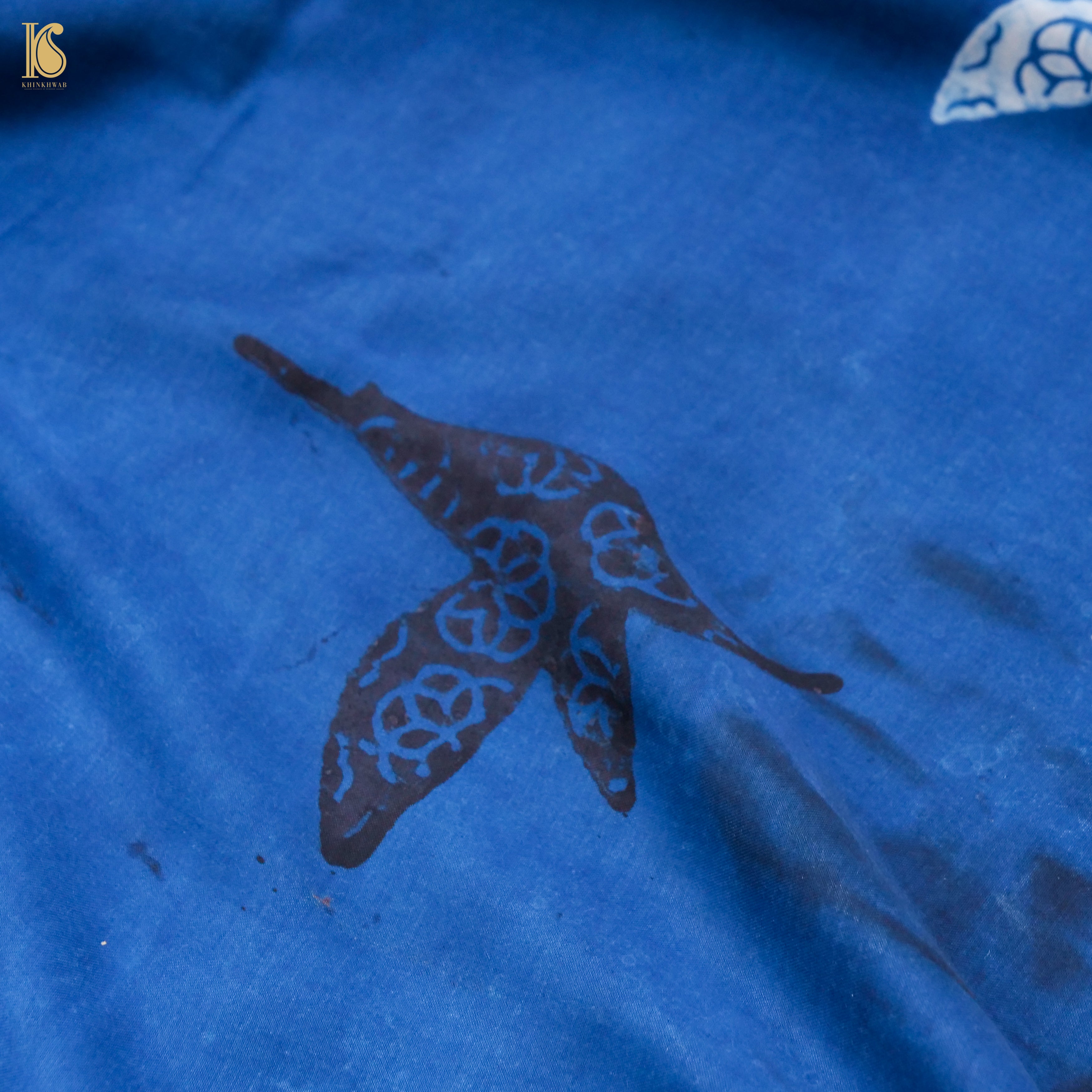 Pakshi - Black & Blue Pure Modal Silk Ajrakh Saree - Khinkhwab