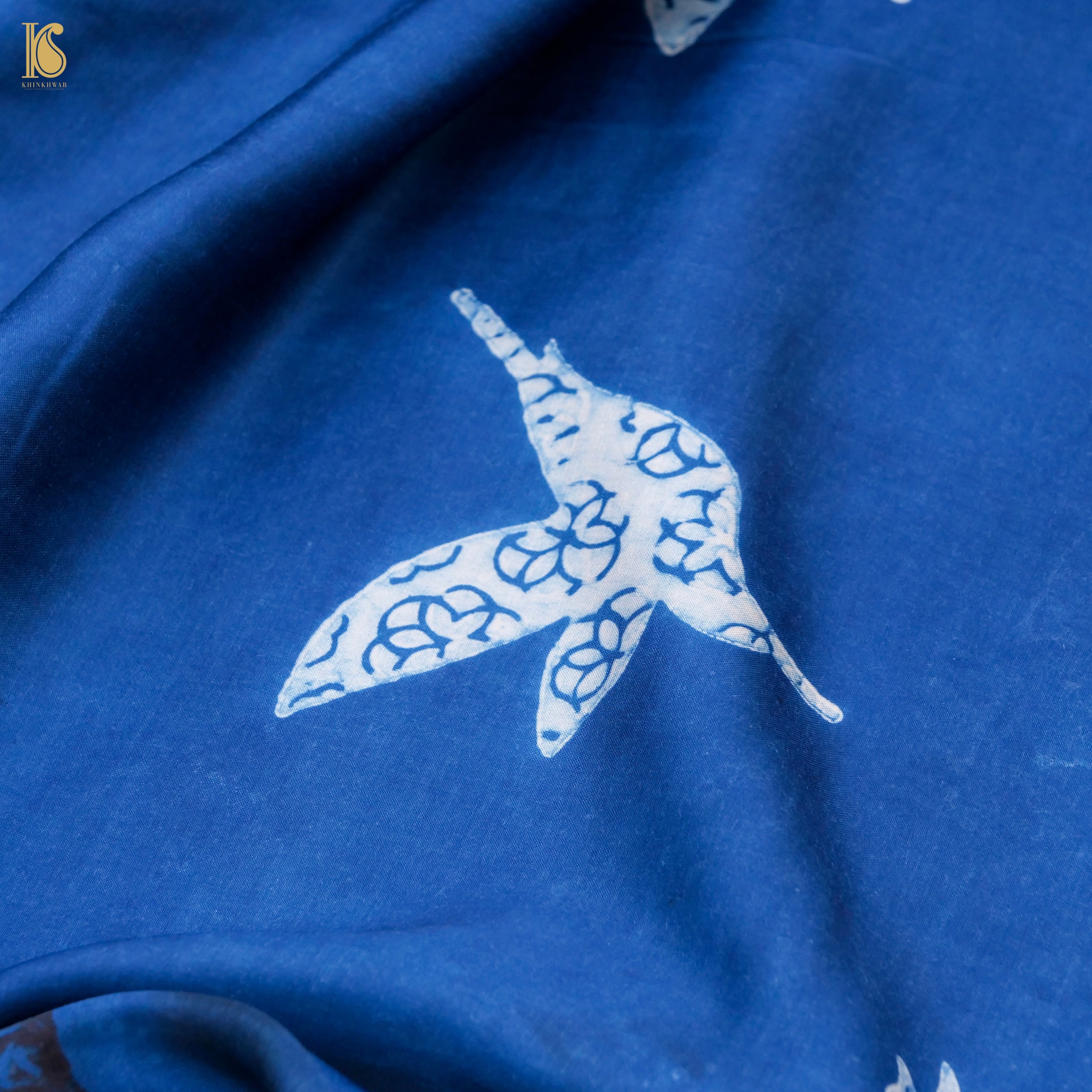 Pakshi - Black & Blue Pure Modal Silk Ajrakh Saree - Khinkhwab