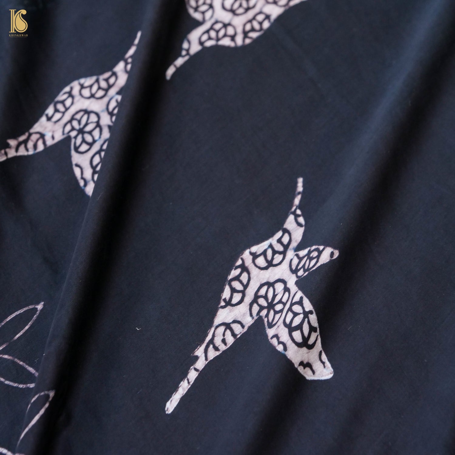 Pakshi - Black & Blue Pure Modal Silk Ajrakh Saree - Khinkhwab