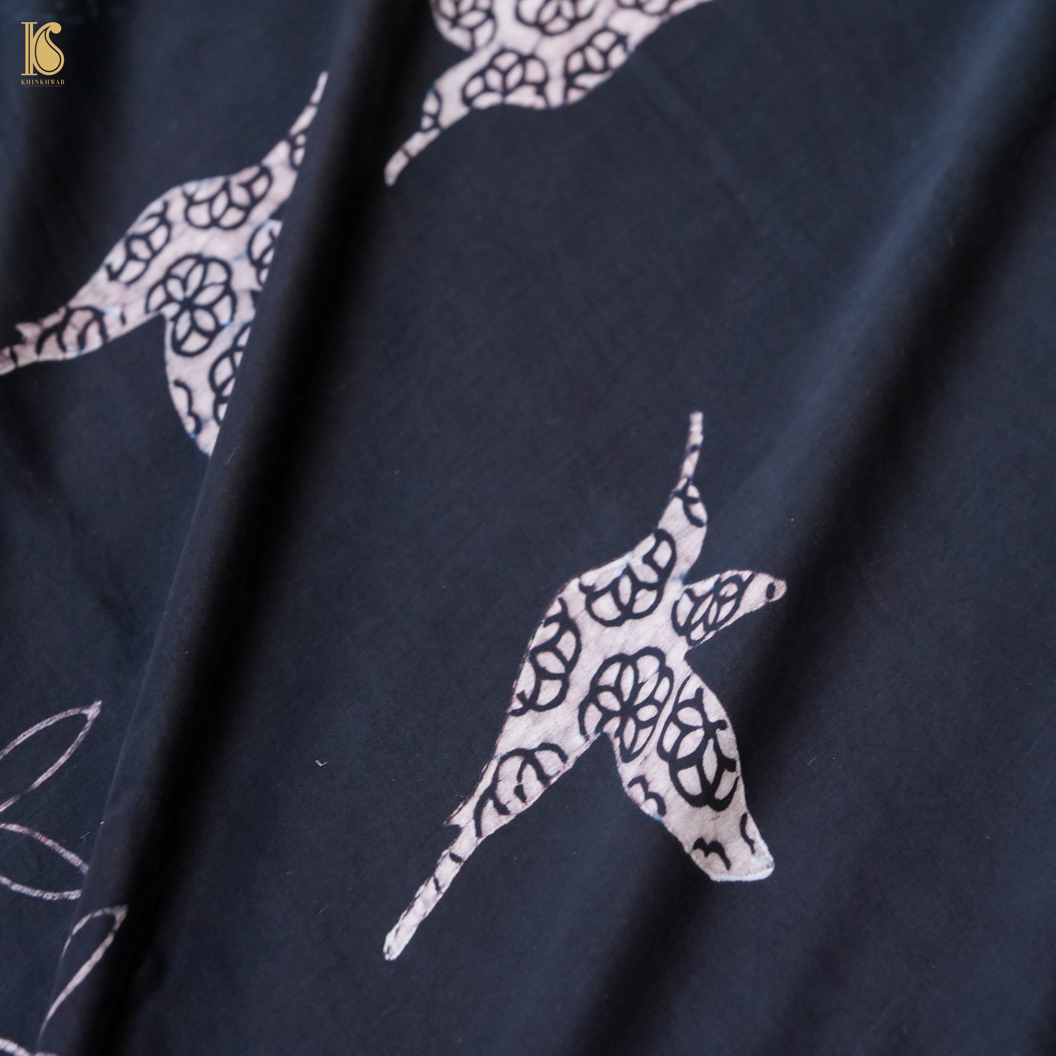 Pakshi - Black & Blue Pure Modal Silk Ajrakh Saree - Khinkhwab