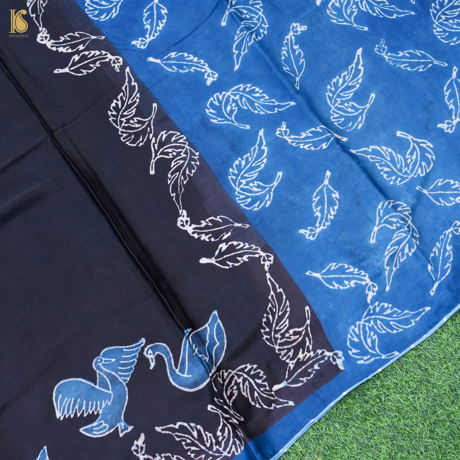 Pakshi - Blue & Black Pure Modal Silk Ajrakh Saree - Khinkhwab