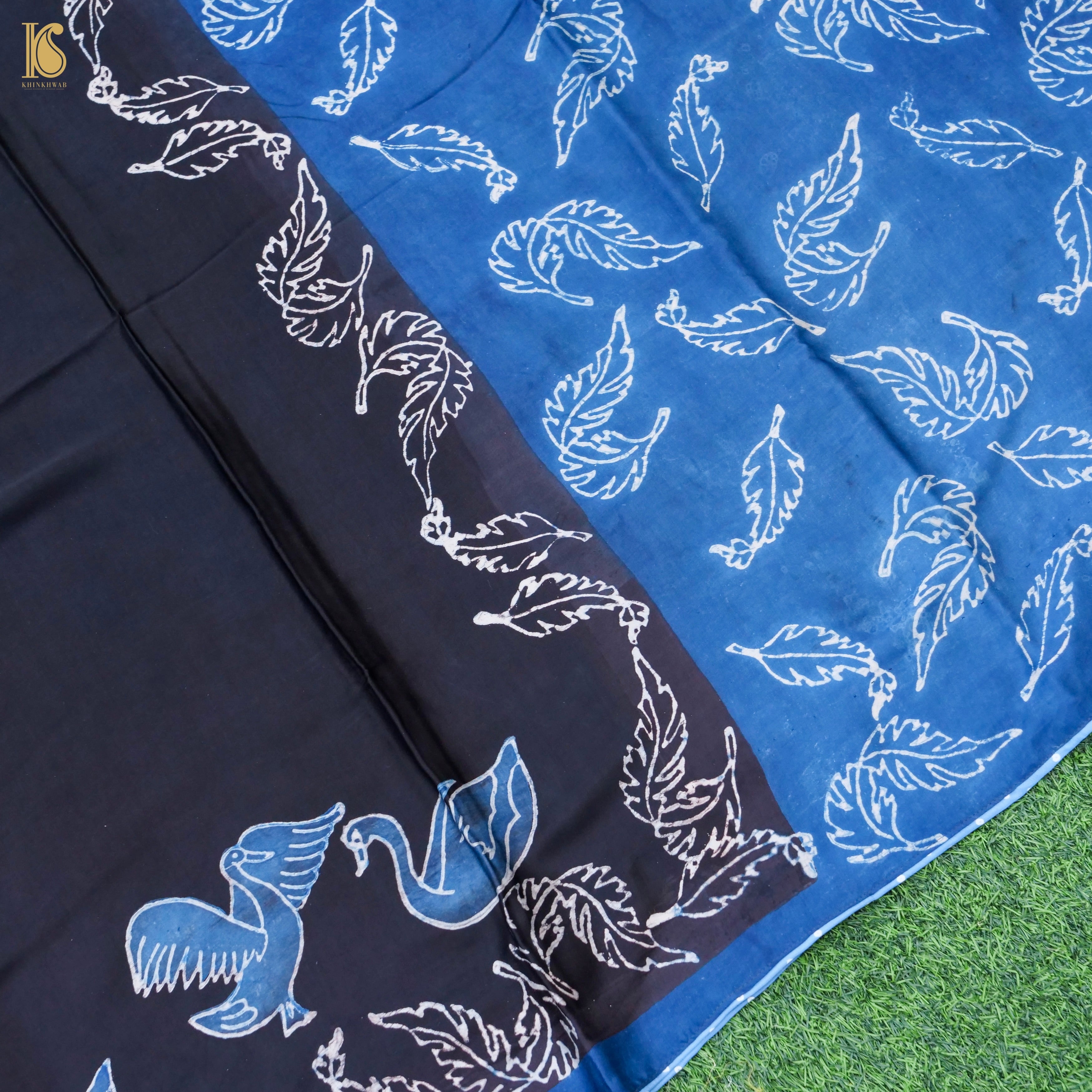 Pakshi - Blue & Black Pure Modal Silk Ajrakh Saree - Khinkhwab