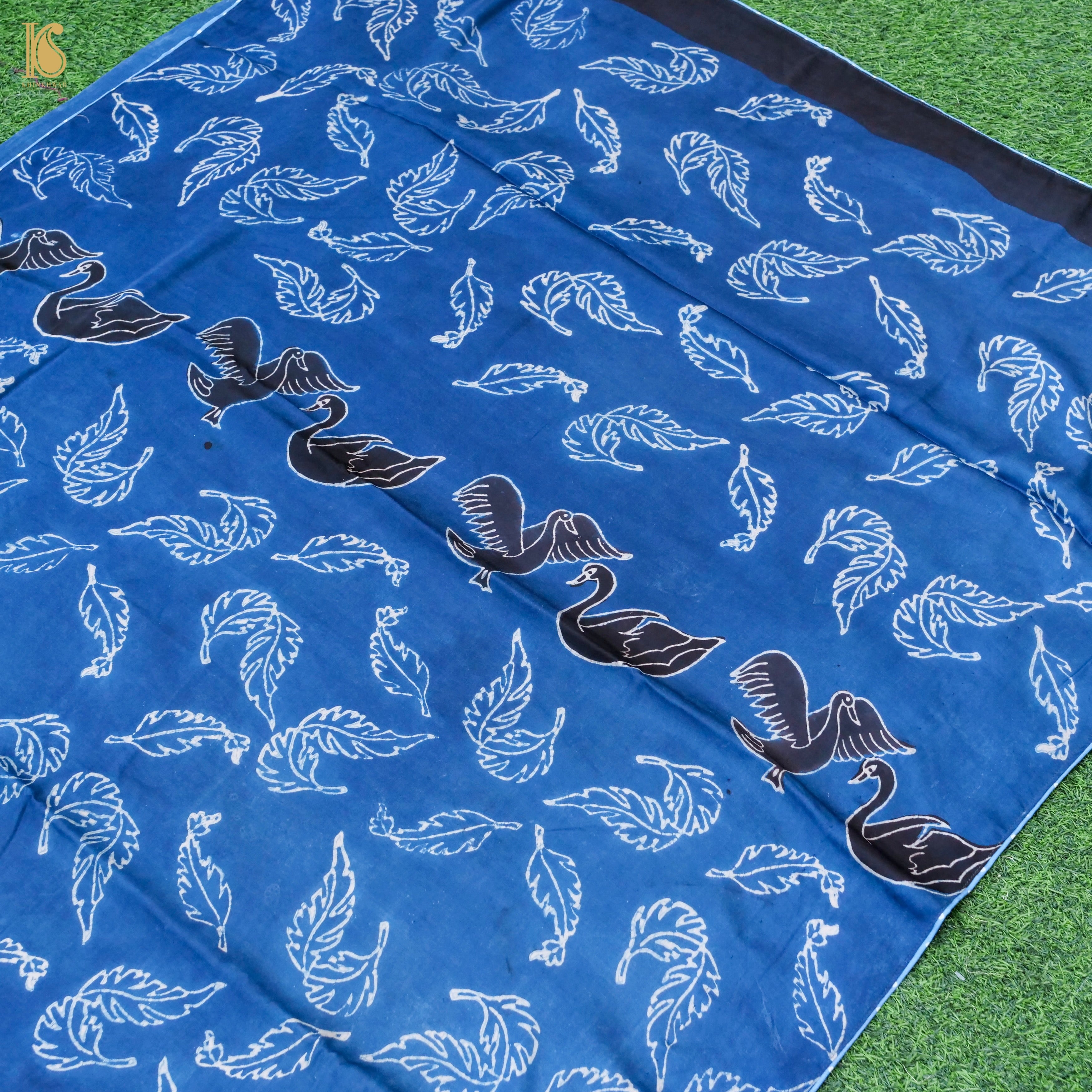 Pakshi - Blue & Black Pure Modal Silk Ajrakh Saree - Khinkhwab