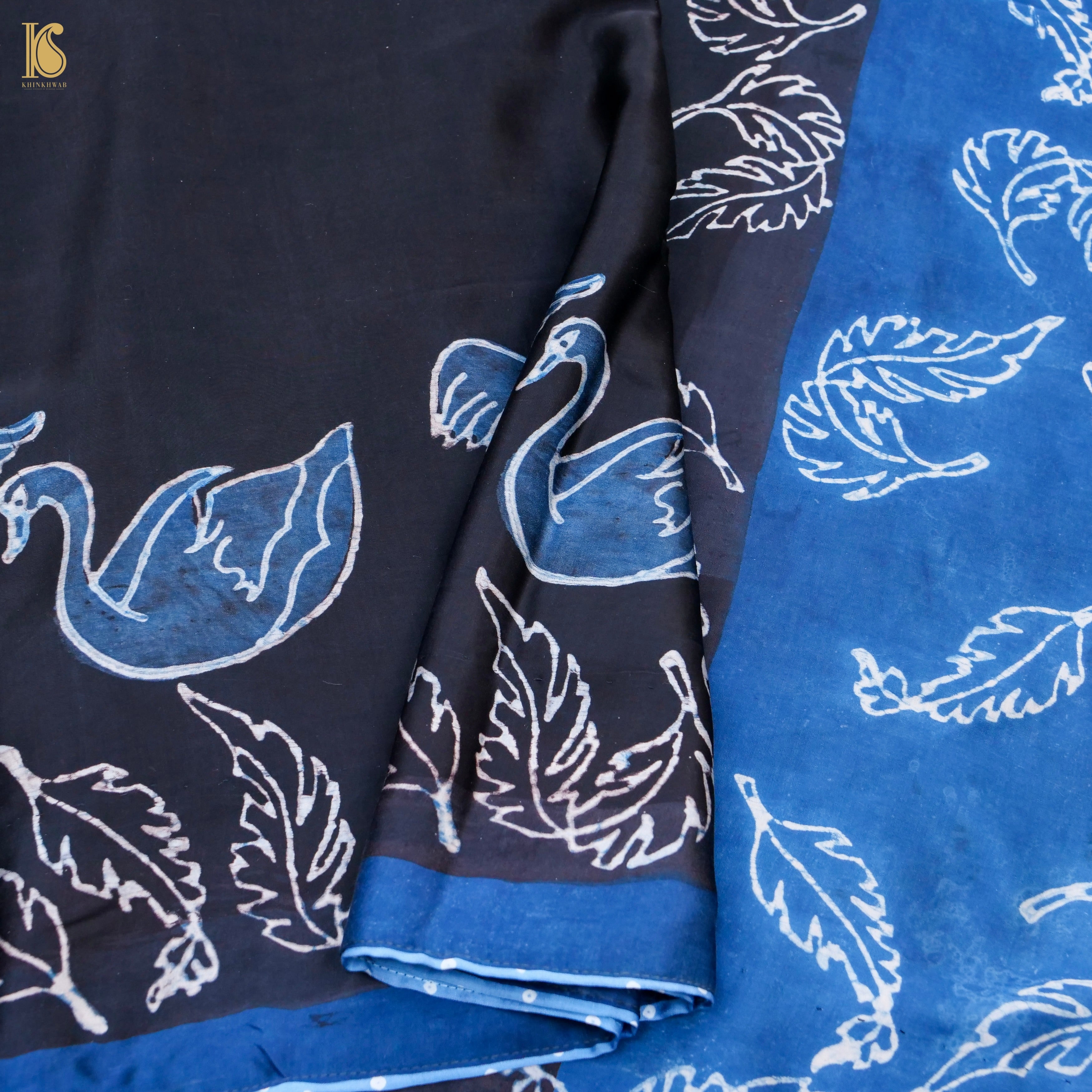 Pakshi - Blue & Black Pure Modal Silk Ajrakh Saree - Khinkhwab