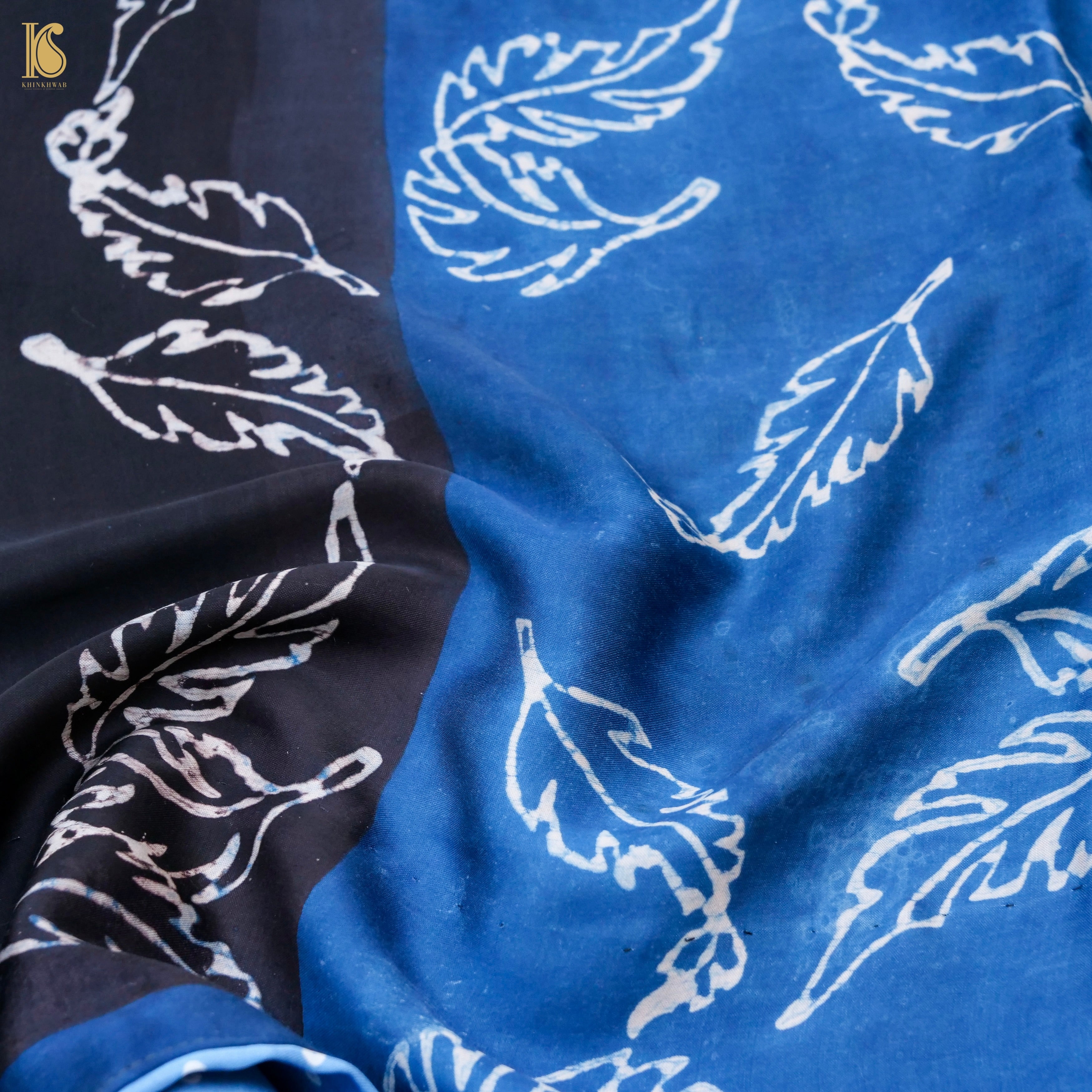 Pakshi - Blue & Black Pure Modal Silk Ajrakh Saree - Khinkhwab