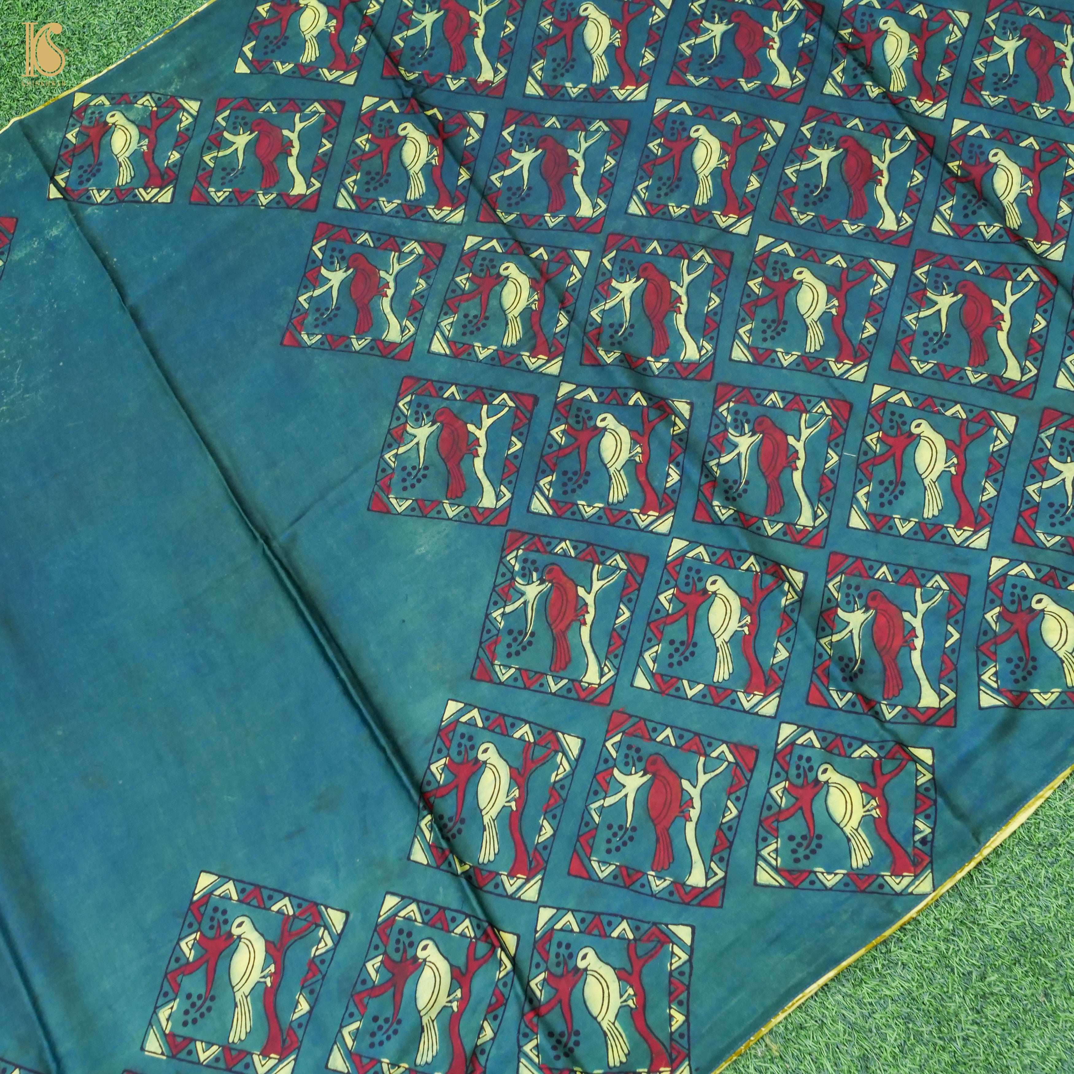 Pakshi - Green Pure Modal Silk Ajrakh Saree - Khinkhwab