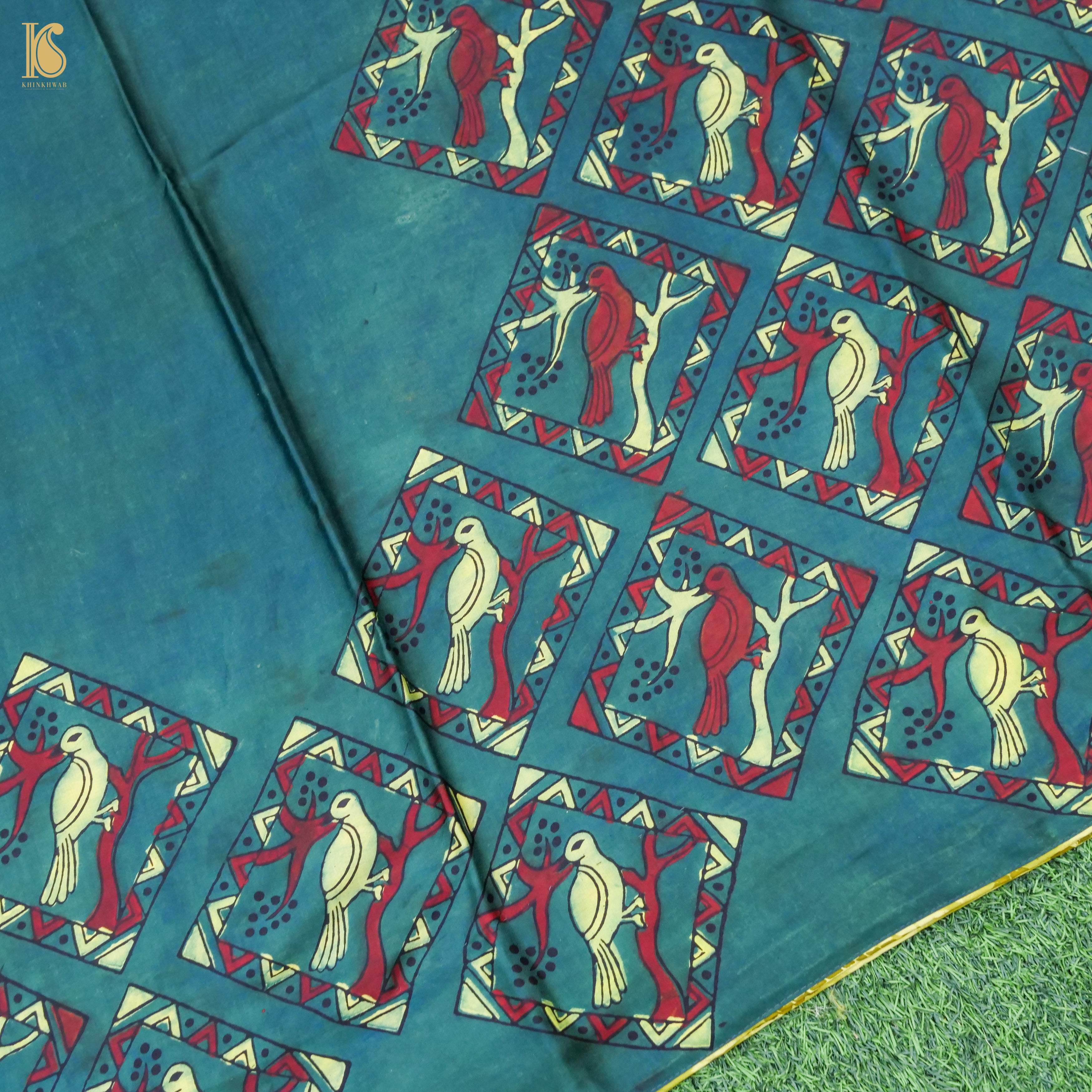 Pakshi - Green Pure Modal Silk Ajrakh Saree - Khinkhwab