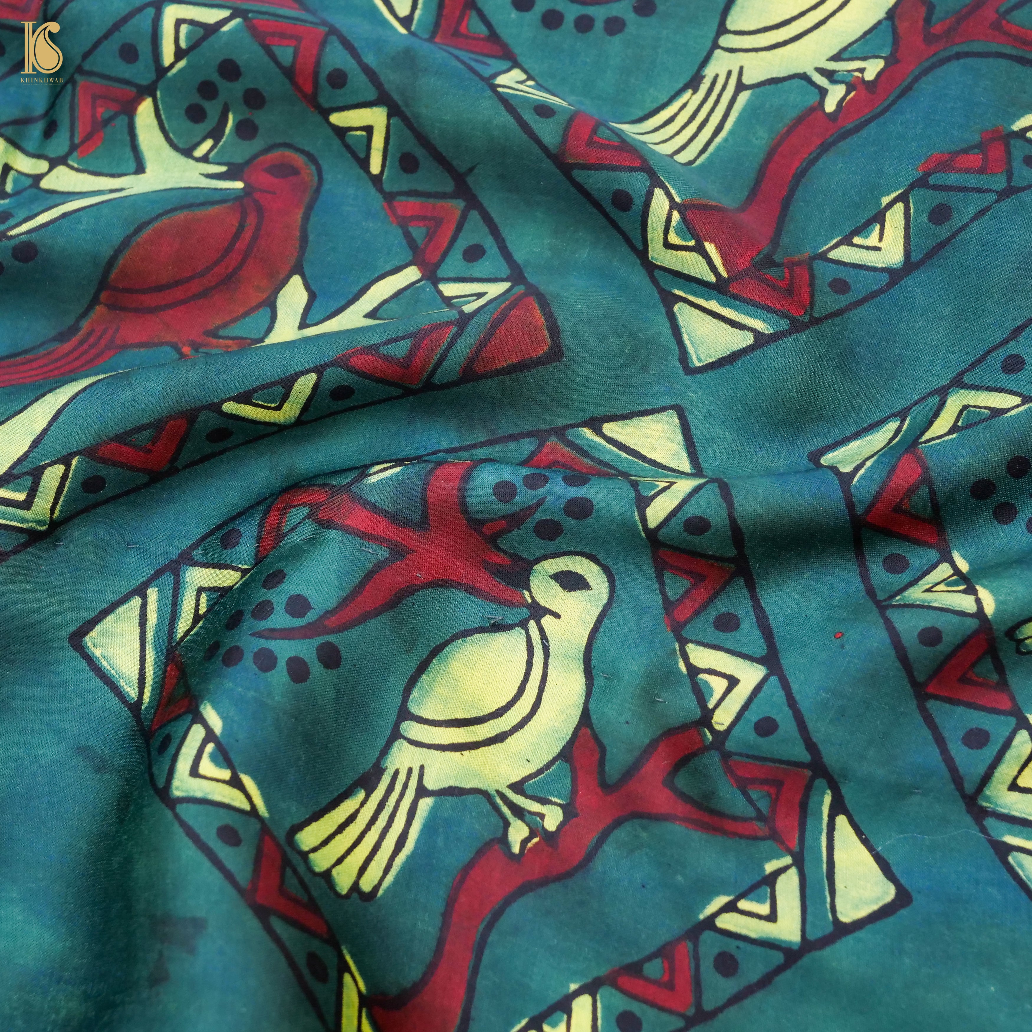 Pakshi - Green Pure Modal Silk Ajrakh Saree - Khinkhwab