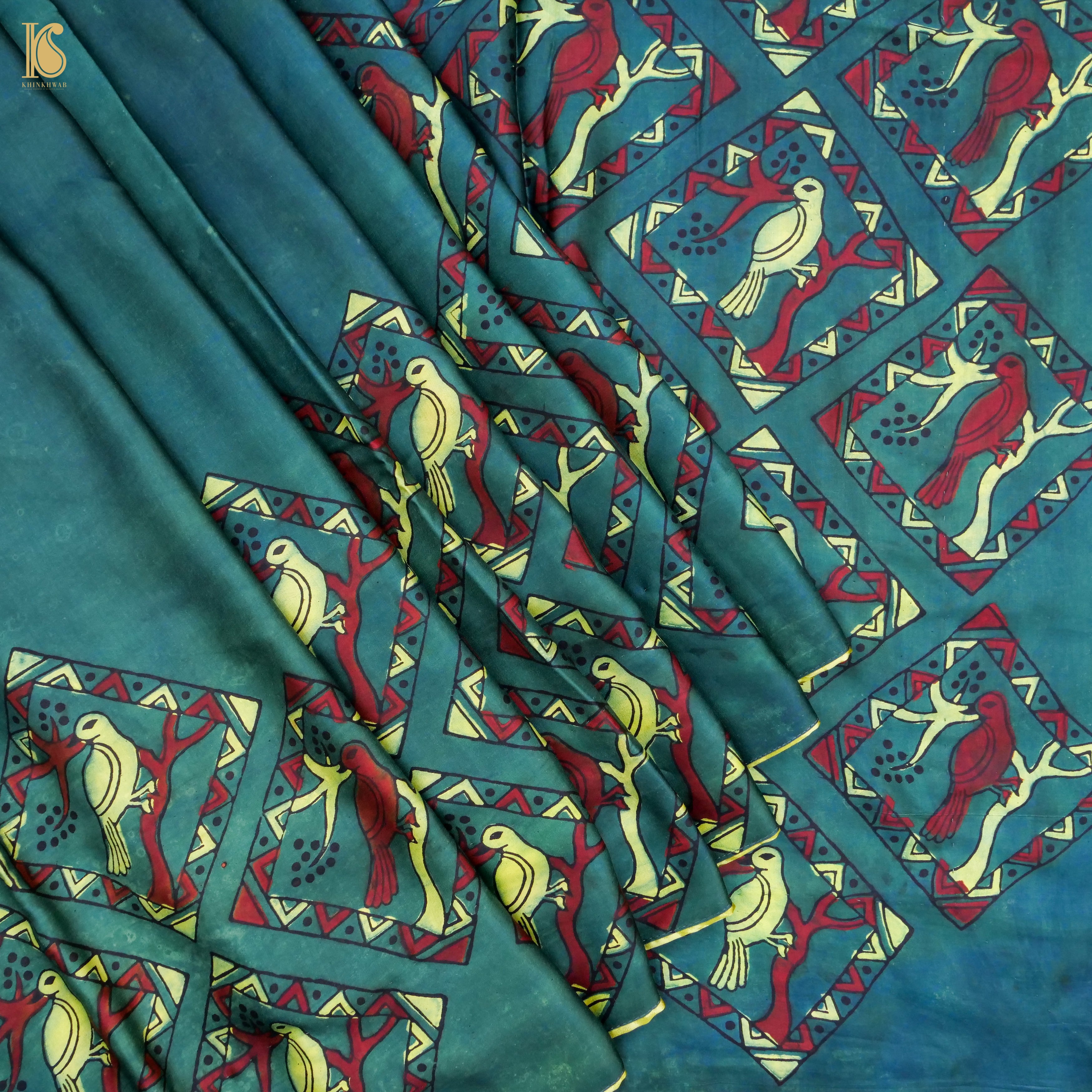 Pakshi - Green Pure Modal Silk Ajrakh Saree - Khinkhwab