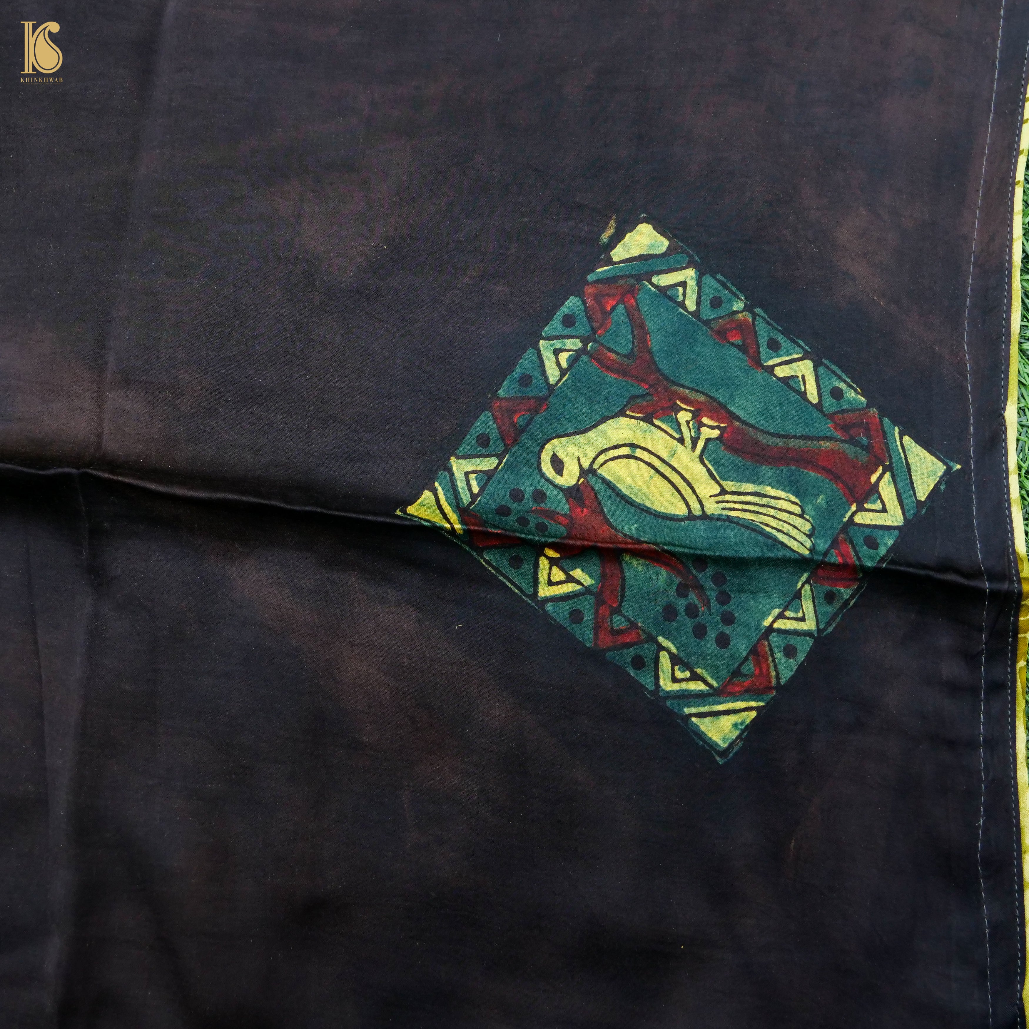 Pakshi - Green Pure Modal Silk Ajrakh Saree - Khinkhwab