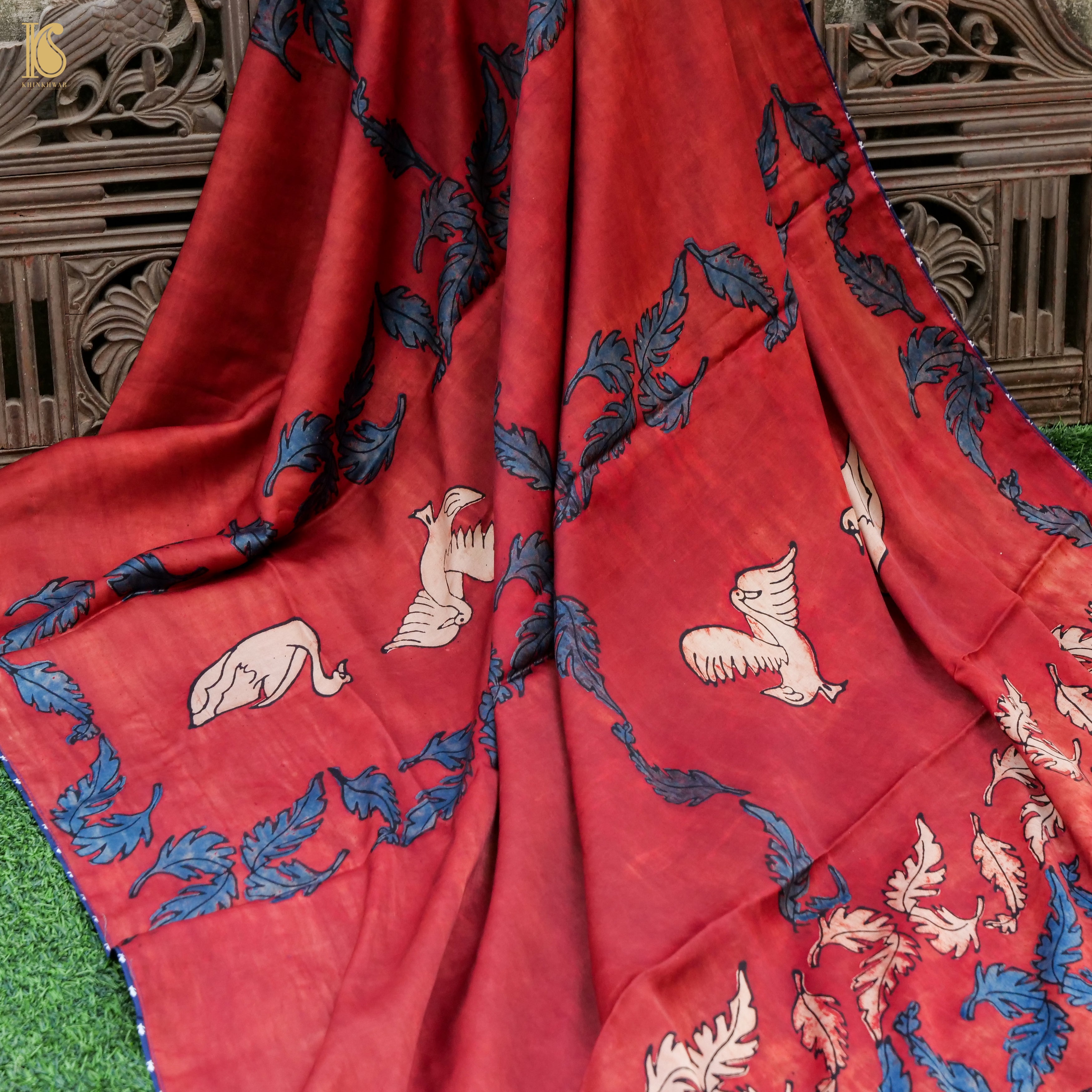 Pakshi - Brick Red Pure Modal Silk Ajrakh Dupatta - Khinkhwab