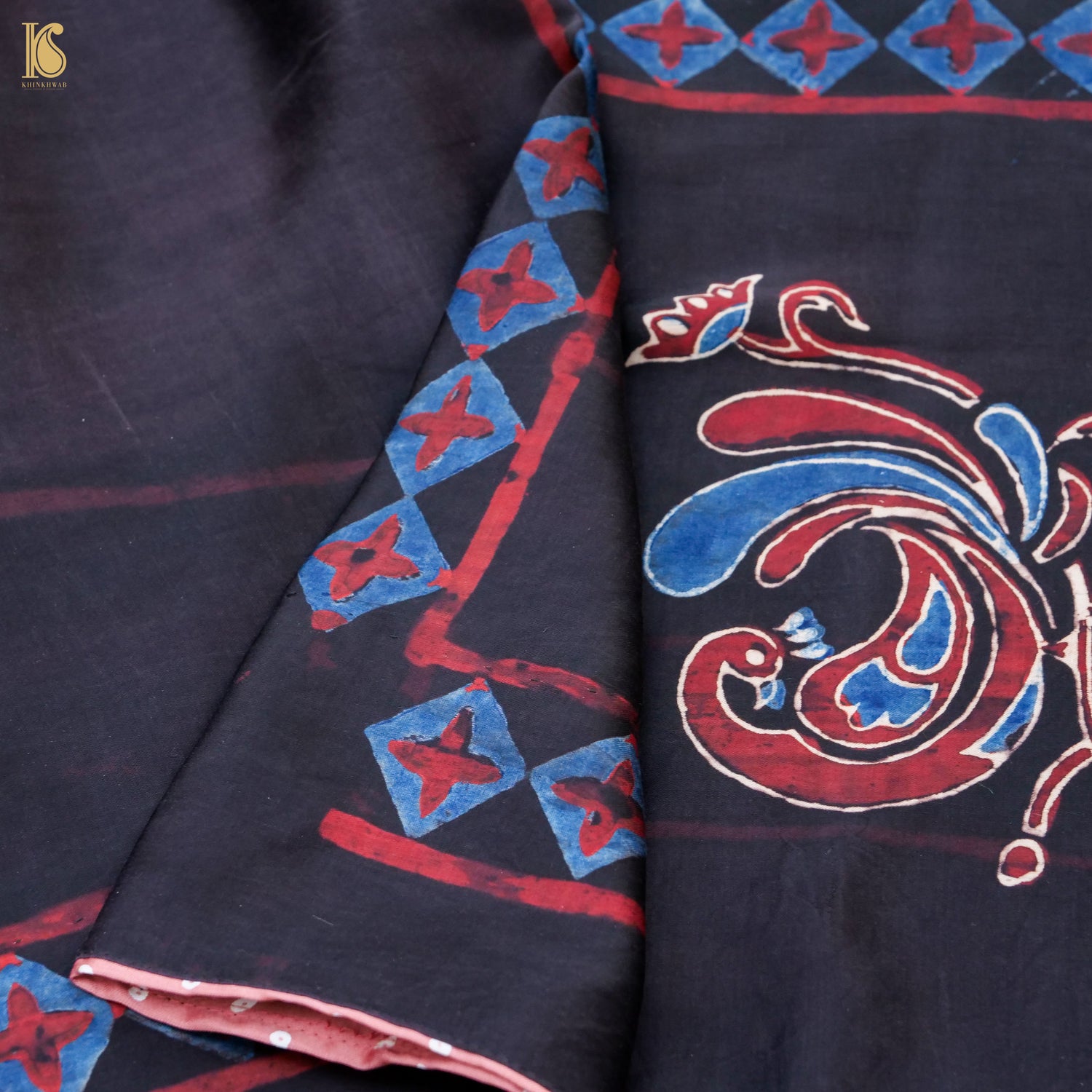 Pakshi - Blue & Black Pure Modal Silk Ajrakh Dupatta - Khinkhwab