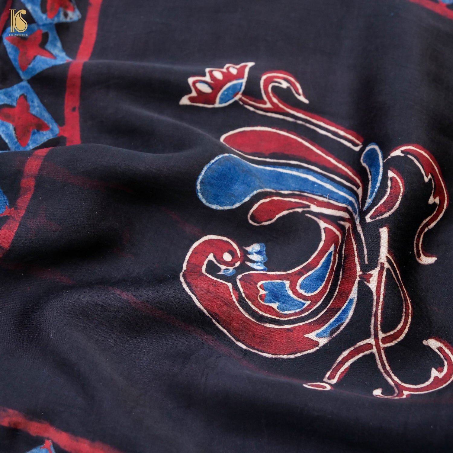 Pakshi - Blue & Black Pure Modal Silk Ajrakh Dupatta - Khinkhwab