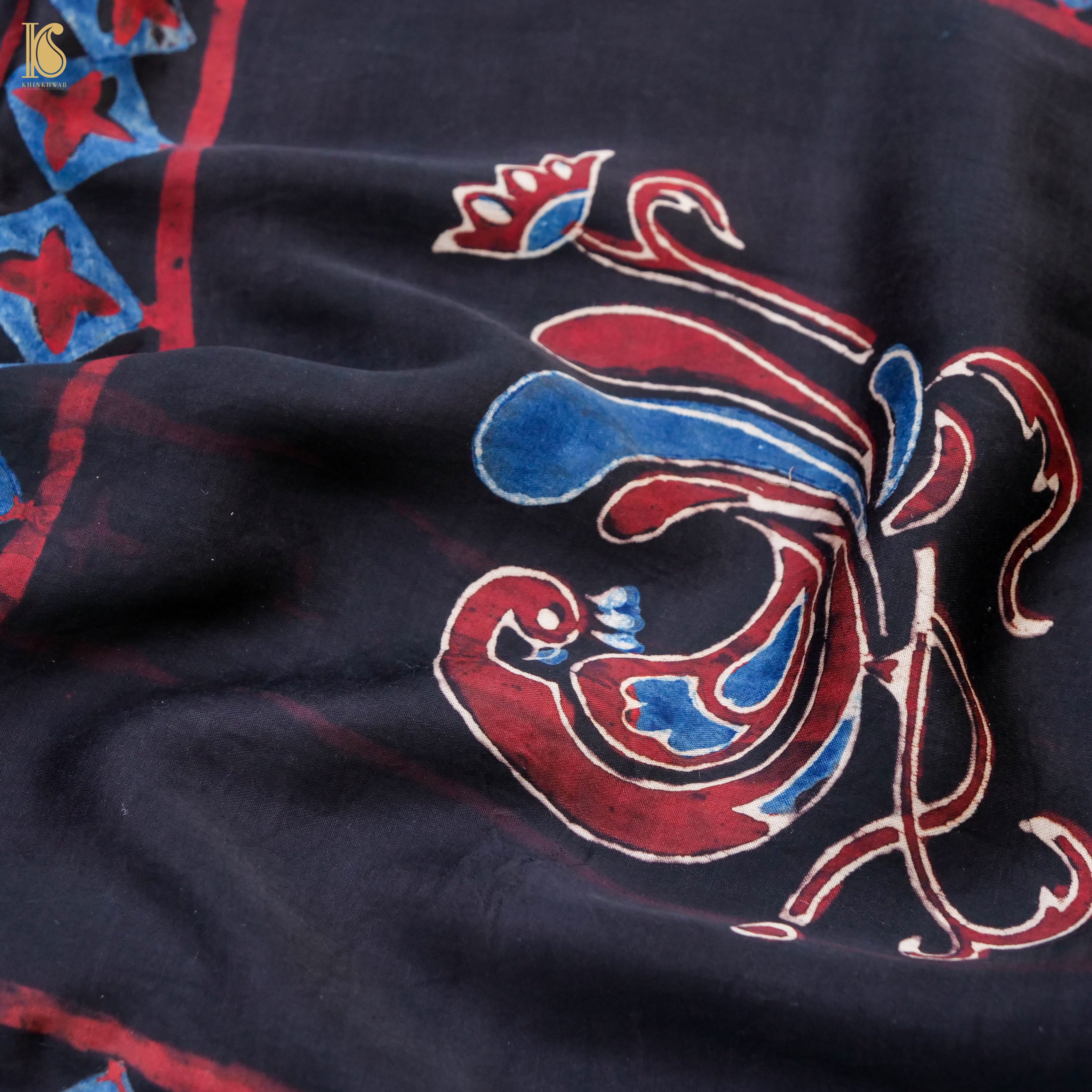Pakshi - Blue & Black Pure Modal Silk Ajrakh Dupatta - Khinkhwab
