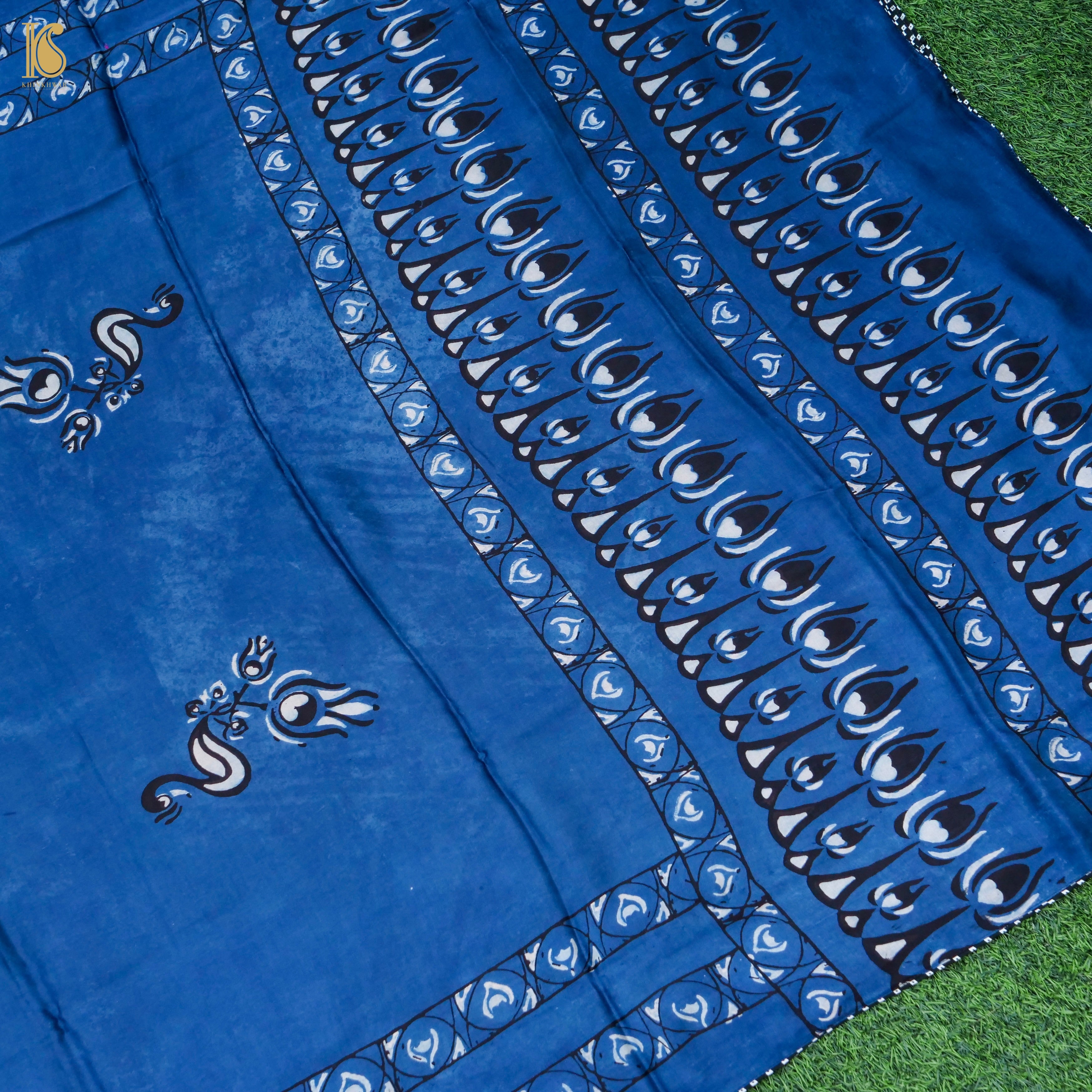 Pakshi - Cobalt Blue Pure Modal Silk Ajrakh Dupatta - Khinkhwab