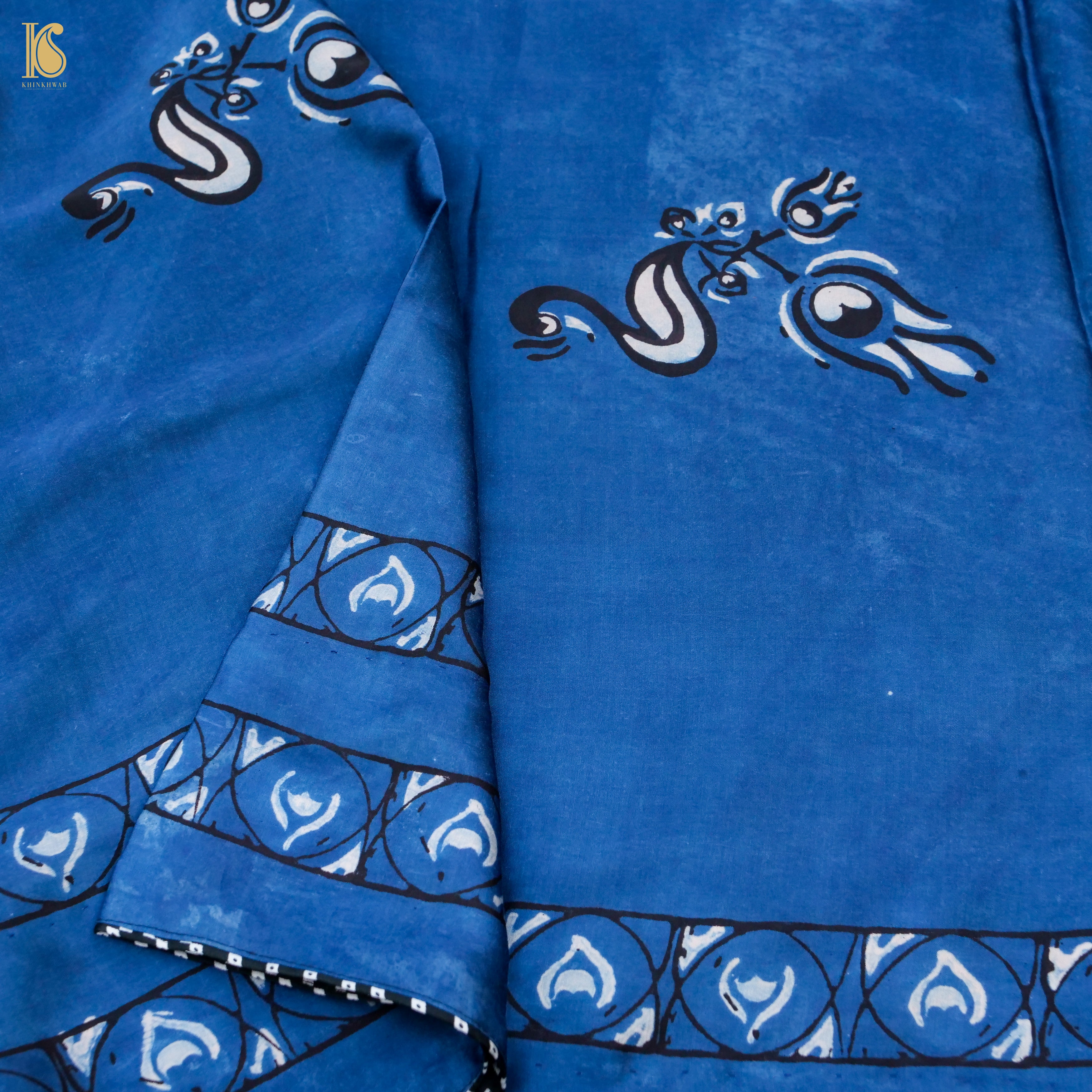 Pakshi - Cobalt Blue Pure Modal Silk Ajrakh Dupatta - Khinkhwab