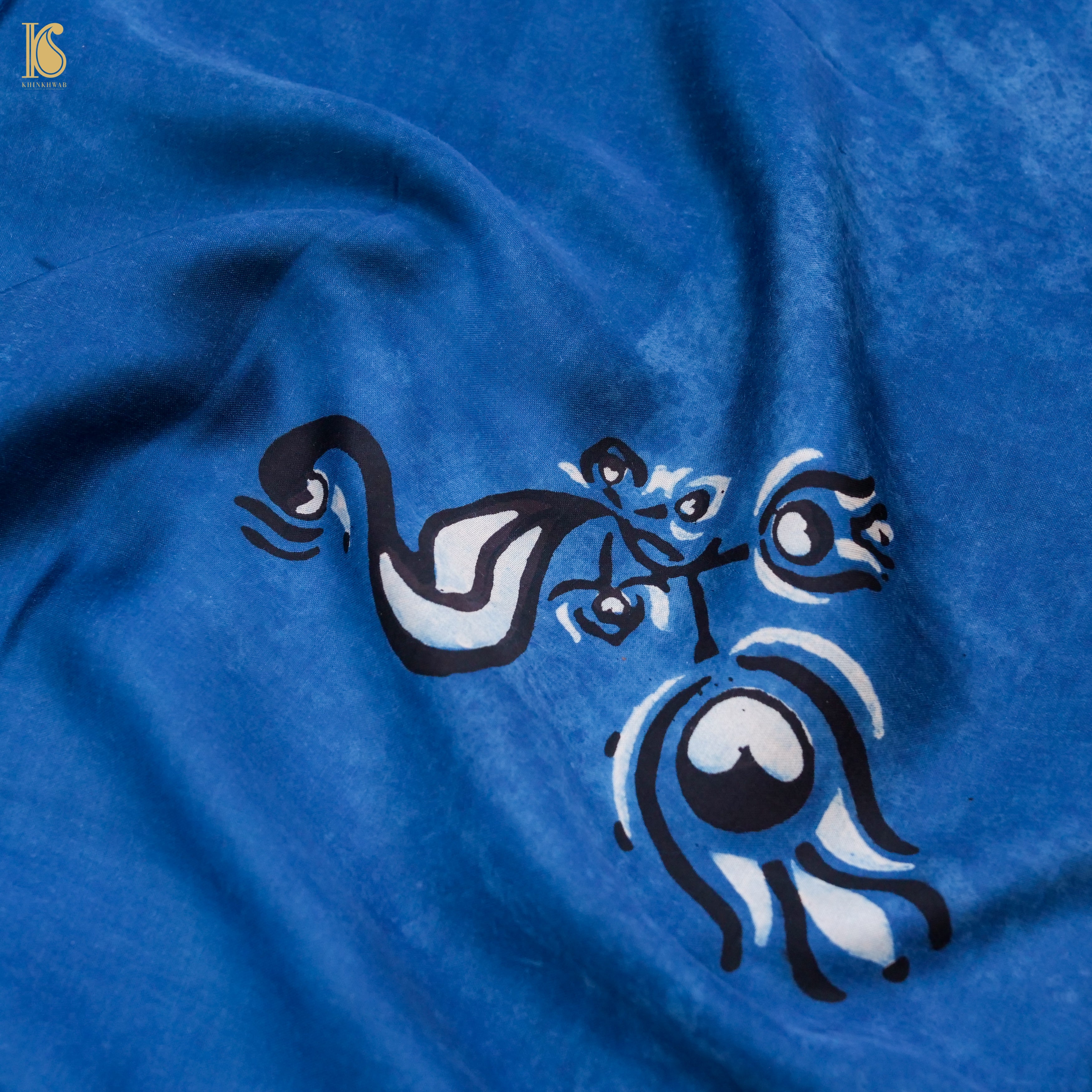 Pakshi - Cobalt Blue Pure Modal Silk Ajrakh Dupatta - Khinkhwab