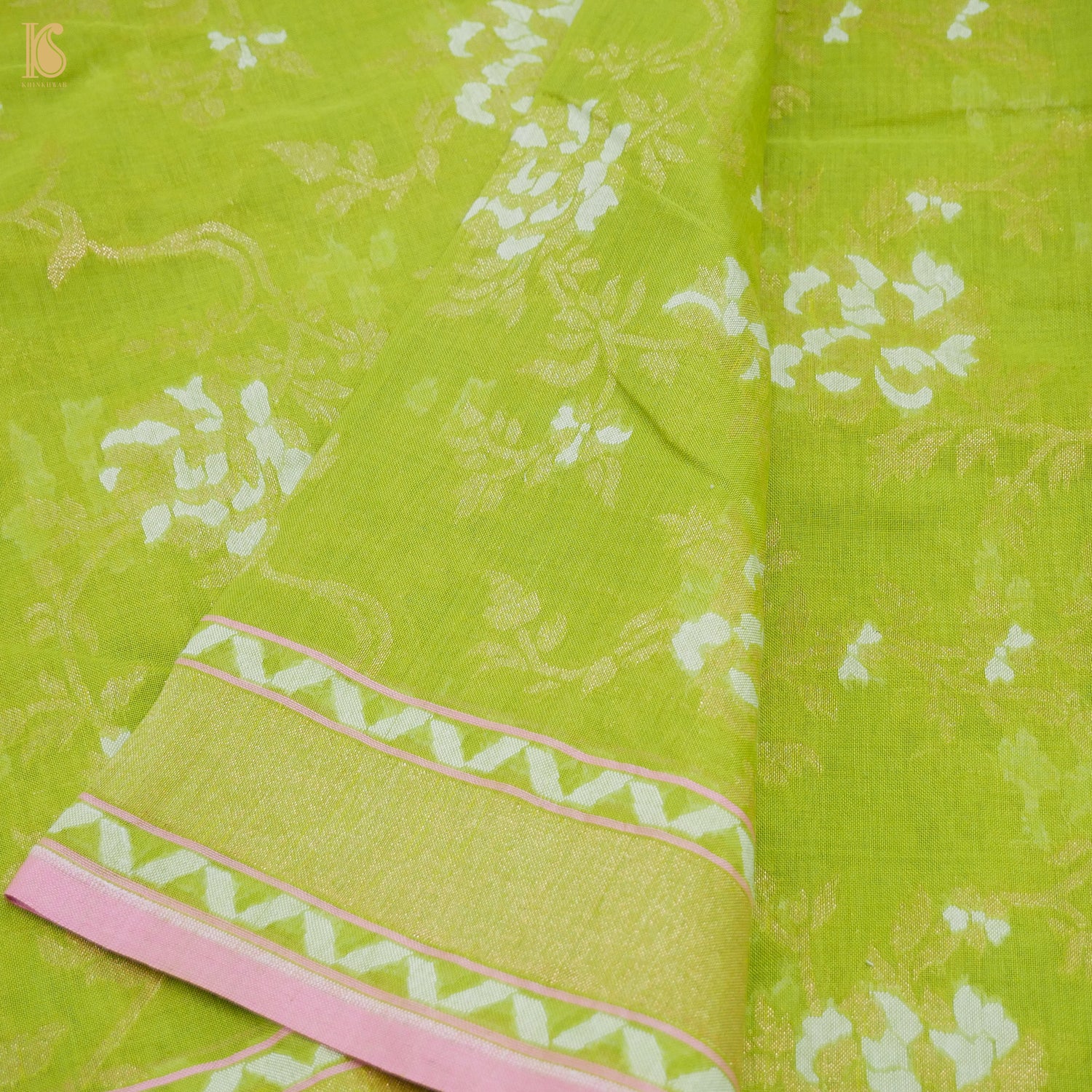 Celery Green Pure Cotton Handloom Banarasi Jamdani Ektara Saree - Khinkhwab