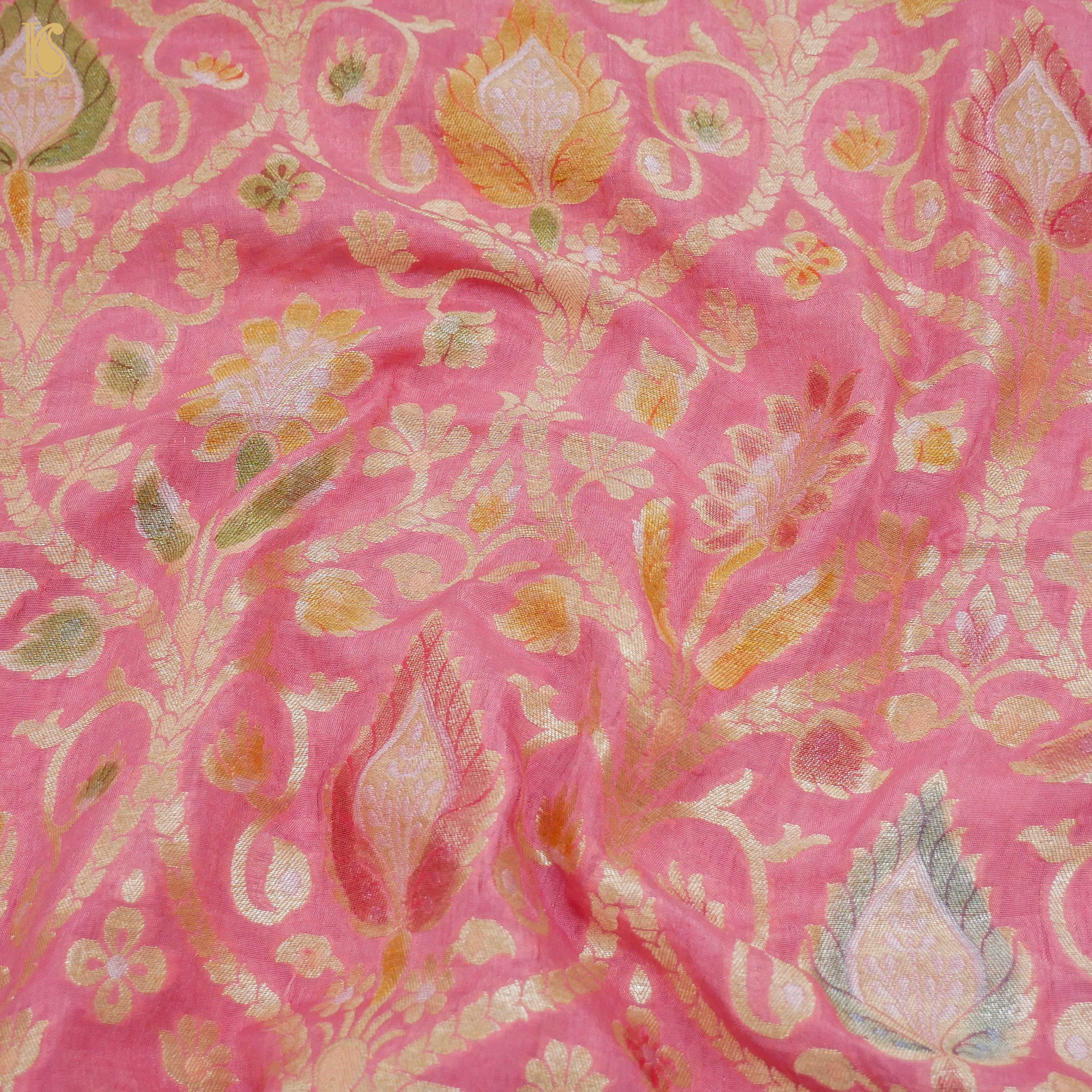 Kobi Pink Pure Georgette Banarasi Fabric with Hand Brush - Khinkhwab