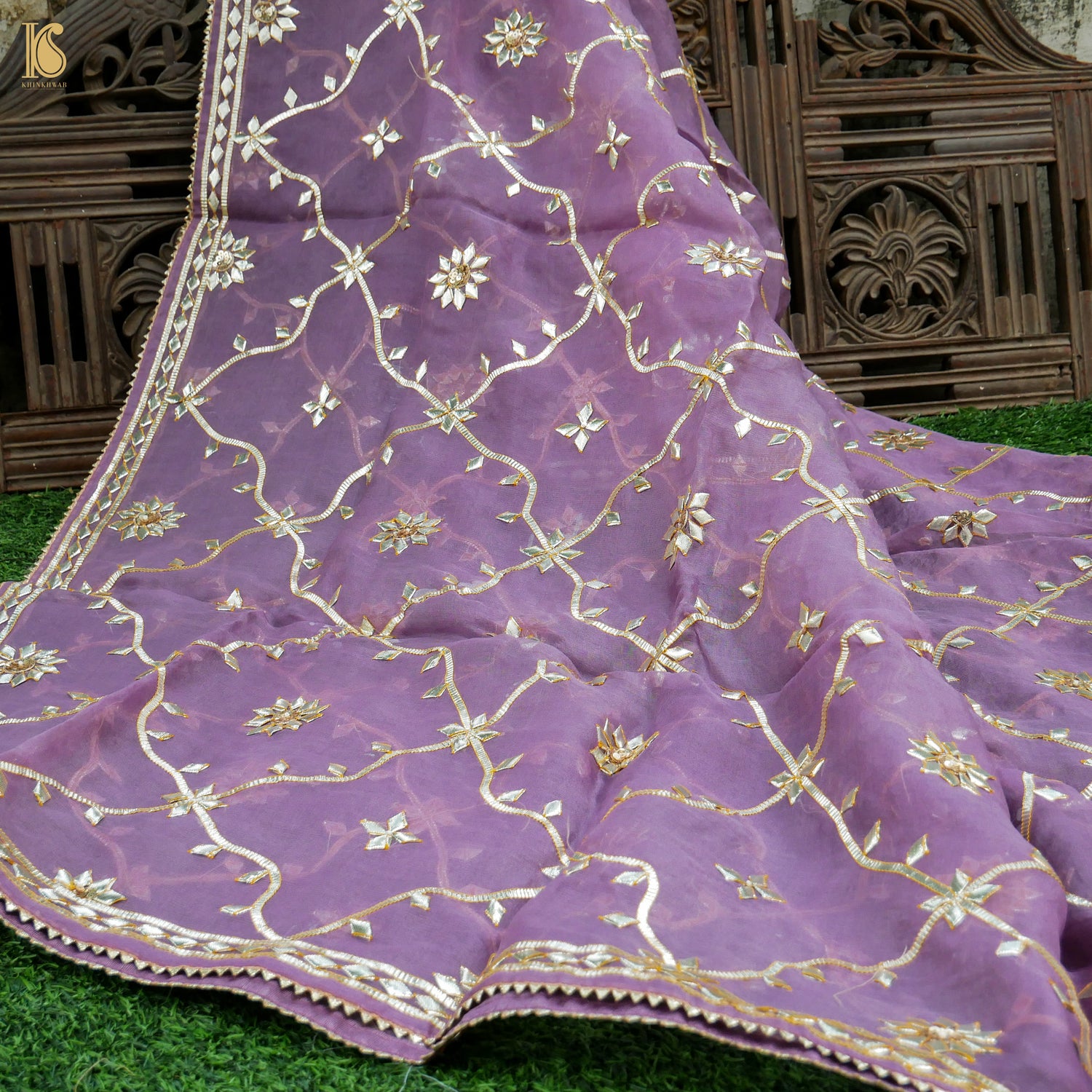 Ce Soir Purple Pure Organza Silk Dupatta with Kachhi Patti Embroidery - Khinkhwab